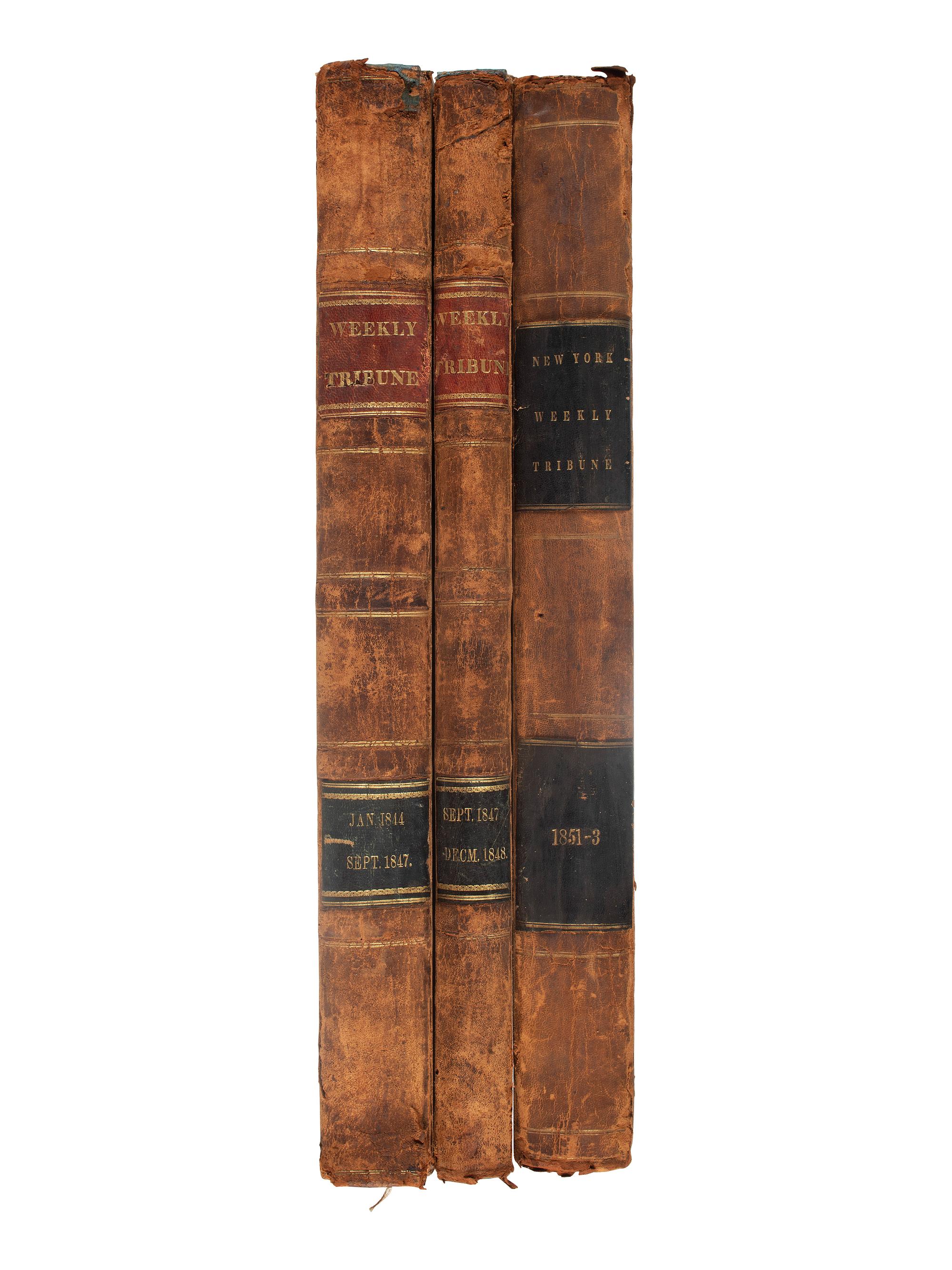 [MEXICAN-AMERICAN WAR]. New-York Weekly Tribune. 283 issues in 3 bound volumes (incomplete run). New York: Greeley & McElrath, 1844-1853. Identified to Seymour L. Judd, 89th New York Infantry, WIA & DOW Petersburg.