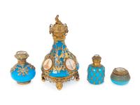 Three French Gilt Bronze Mounted Blue Opaline Glass Scent Bottles and a Covered Box