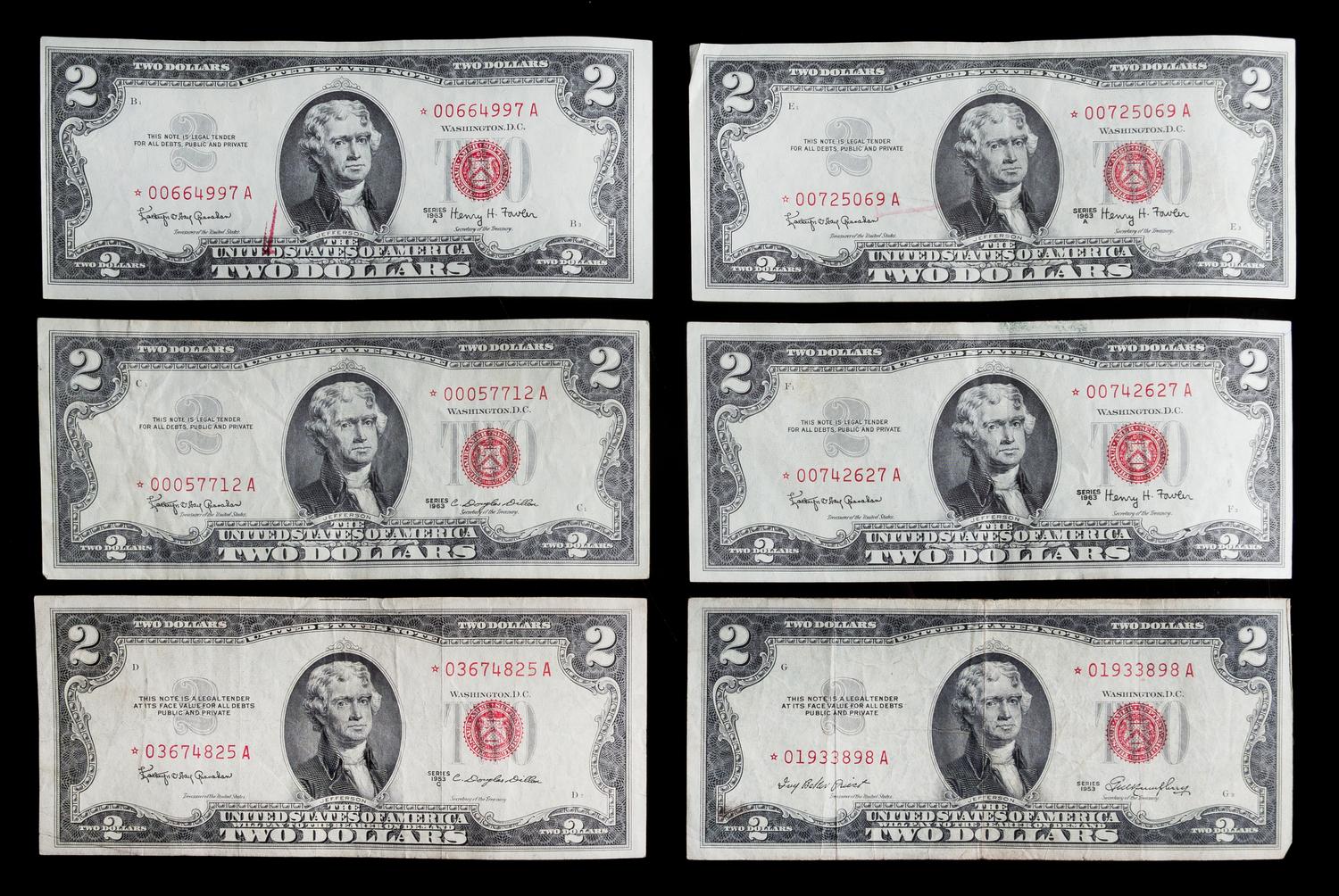 A Group of Six United States $2 Legal Tender Replacement Notes