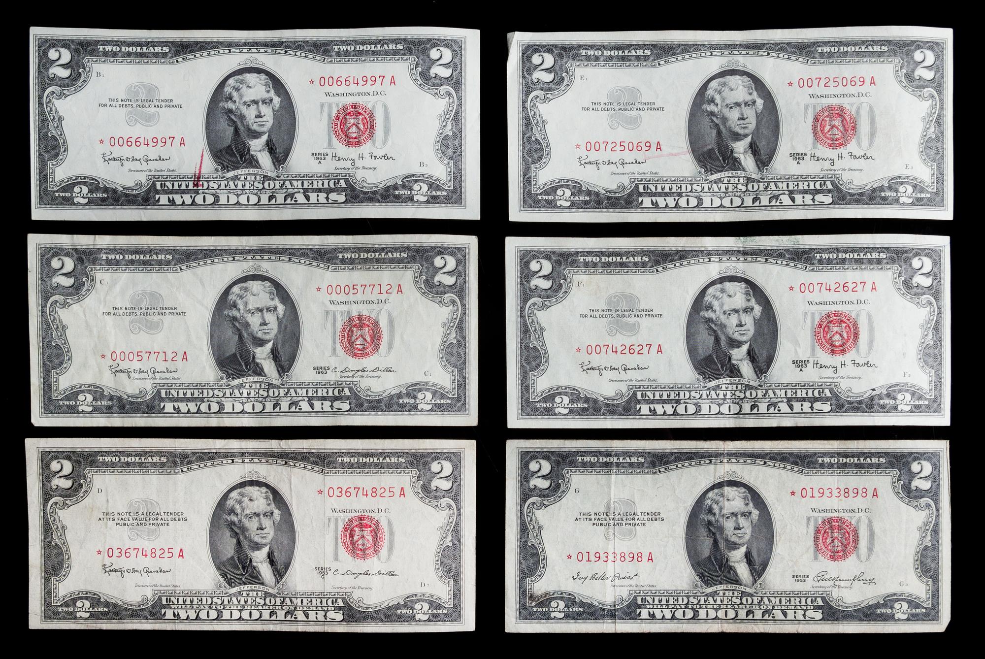 A Group of Six United States $2 Legal Tender Replacement Notes