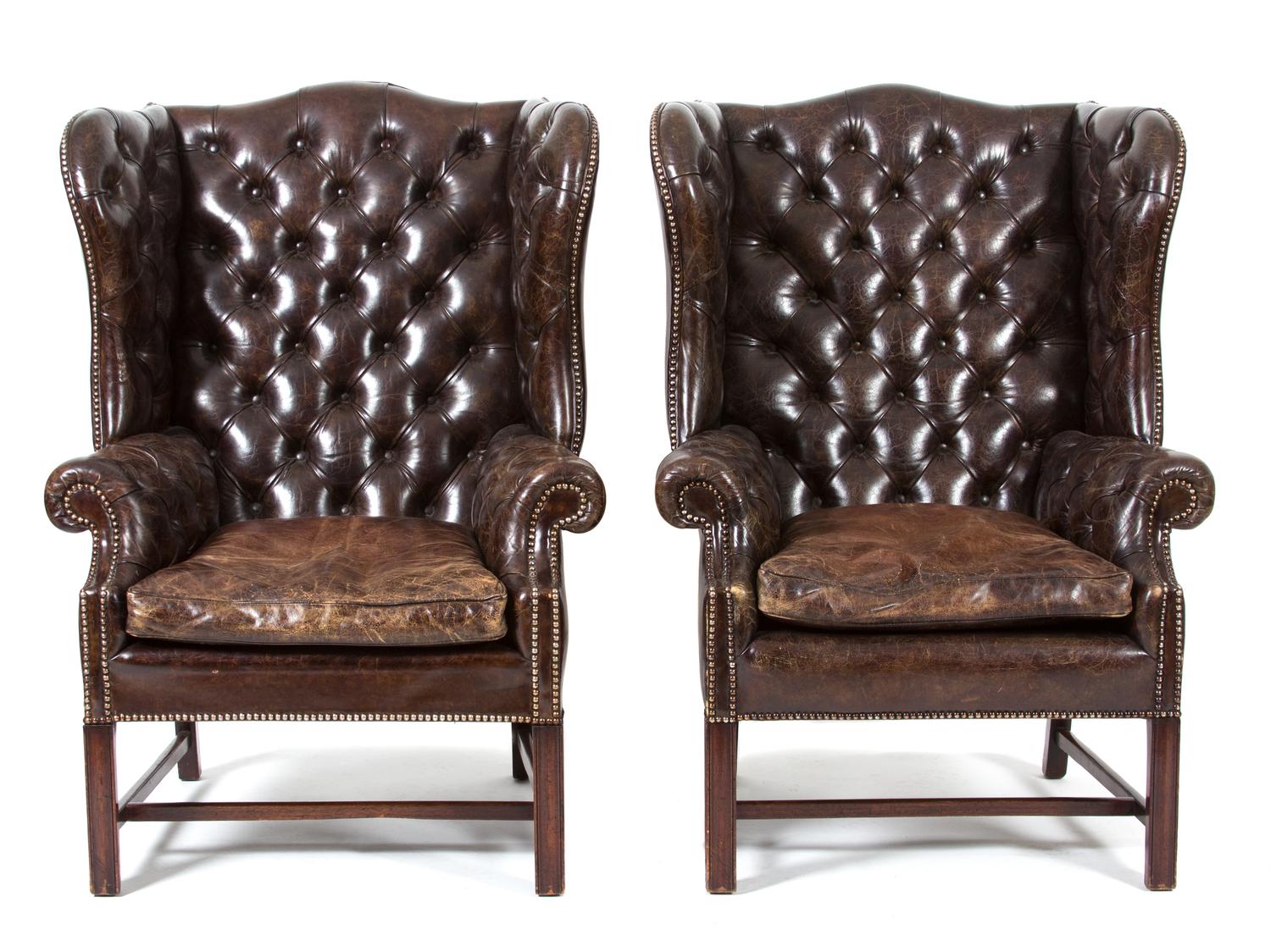 A Pair of George II Style Brown Leather Upholstered Wing Chairs — 19TH CENTURY
