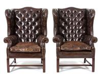 A Pair of George II Style Brown Leather Upholstered Wing Chairs — 19TH CENTURY