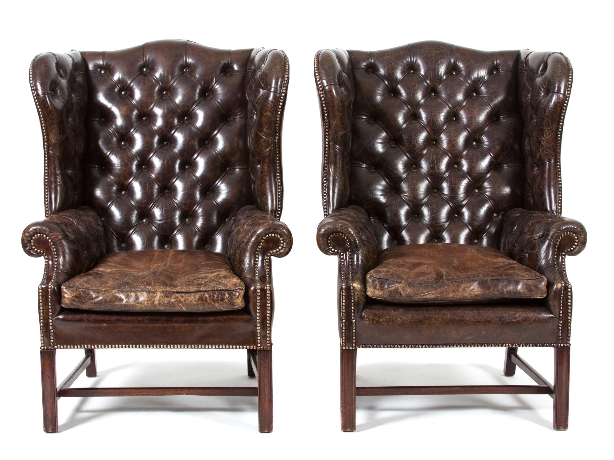 A Pair of George II Style Brown Leather Upholstered Wing Chairs — 19TH CENTURY