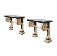 A Pair of Neoclassical Style Cream-Painted and Parcel Gilt Console Tables with Faux-Painted Marble Tops