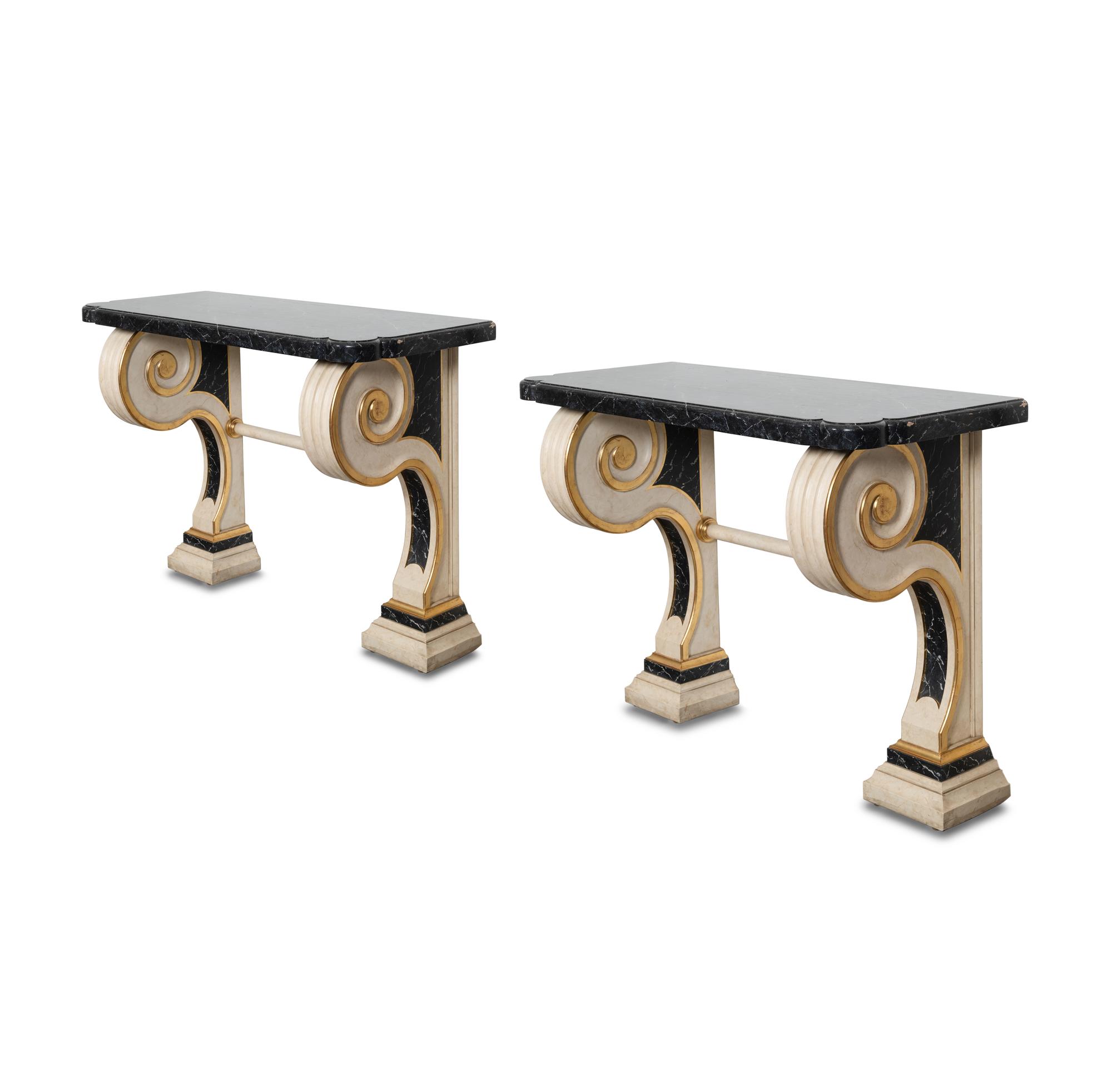A Pair of Neoclassical Style Cream-Painted and Parcel Gilt Console Tables with Faux-Painted Marble Tops