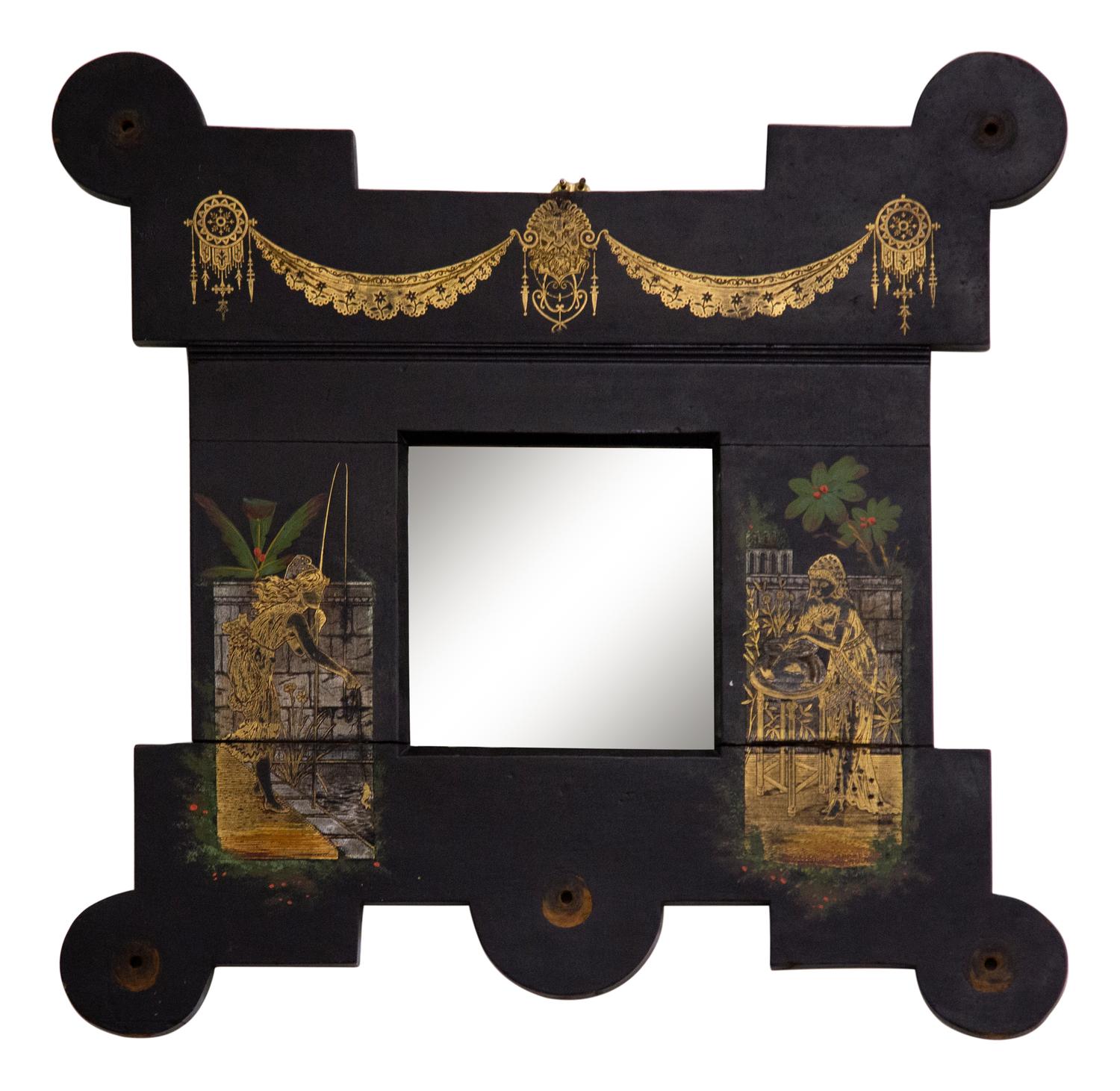 An Aesthetic Movement Gilt Decorated Ebonized Wall Mirror