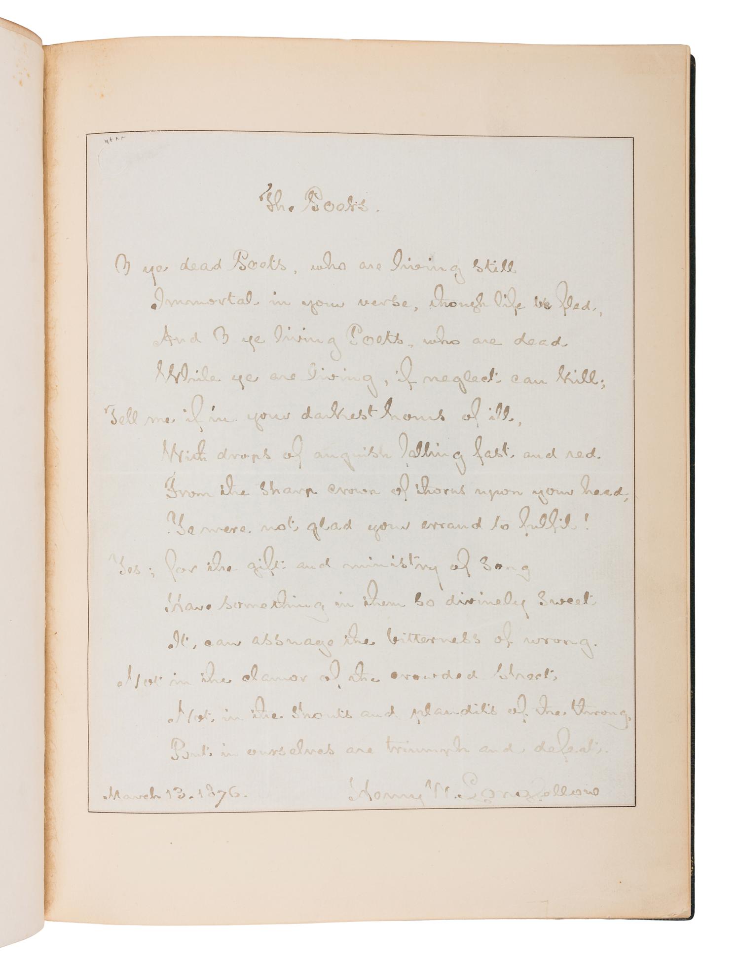 LONGFELLOW, Henry Wadsworth (1807-1882). Autograph poetic manuscript signed ("Henry W. Longfellow"), a fair copy of "The Poets", [Cambridge], 13 March 1876.