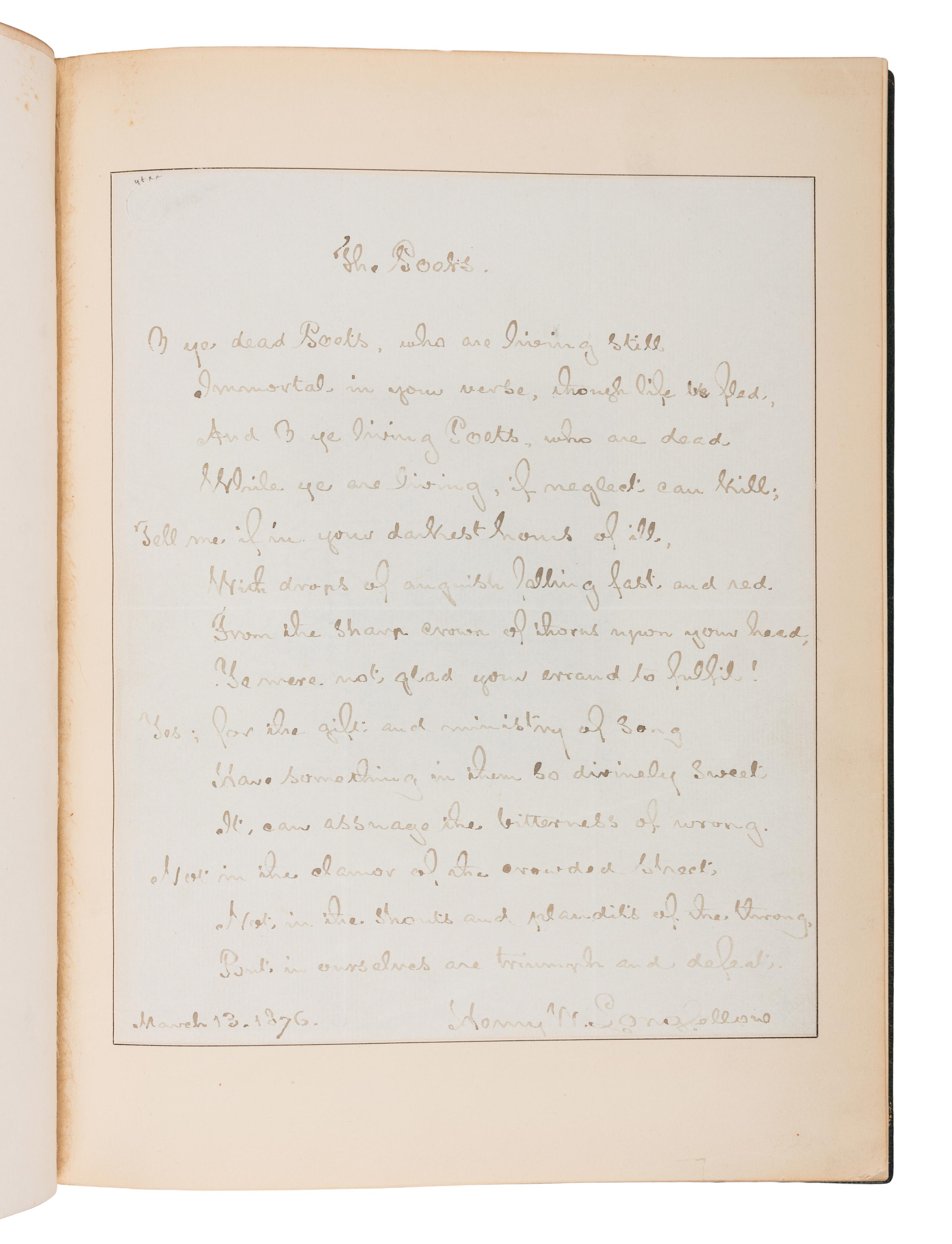 LONGFELLOW, Henry Wadsworth (1807-1882). Autograph poetic manuscript signed ("Henry W. Longfellow"), a fair copy of "The Poets", [Cambridge], 13 March 1876.