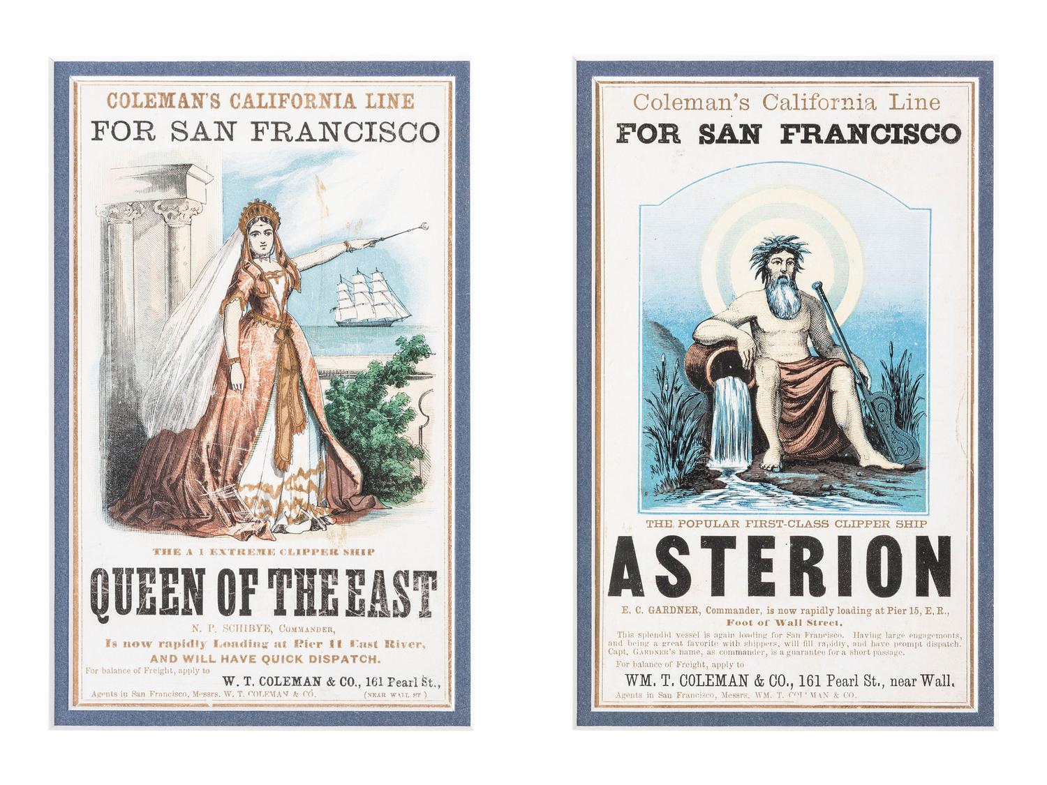 [ADVERTSING]. A group of two framed advertisements for Coleman's California Line, including "Queen of the East" and "Asterion."