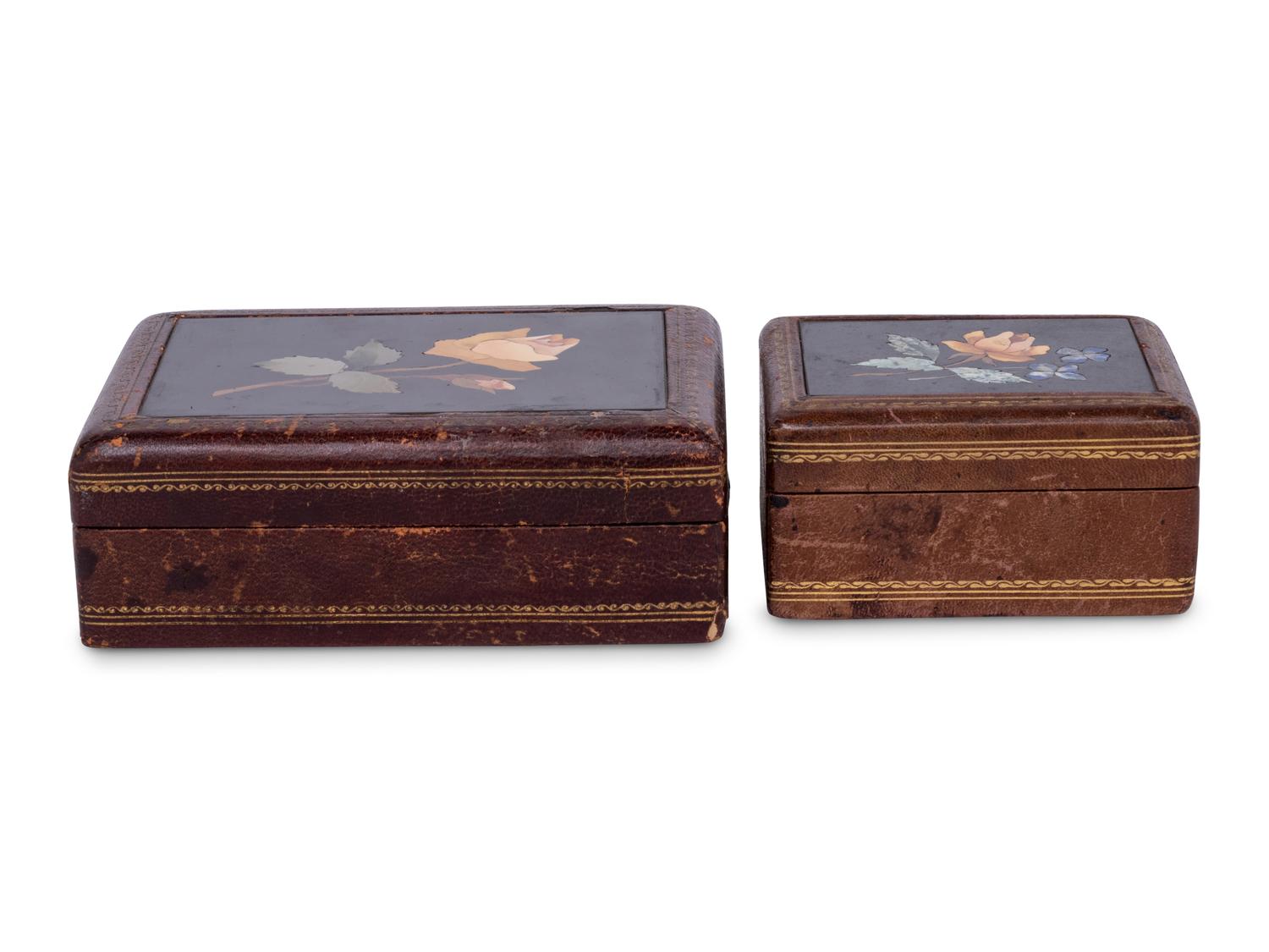 Two Continental Pietra Dura and Tooled Leather Boxes