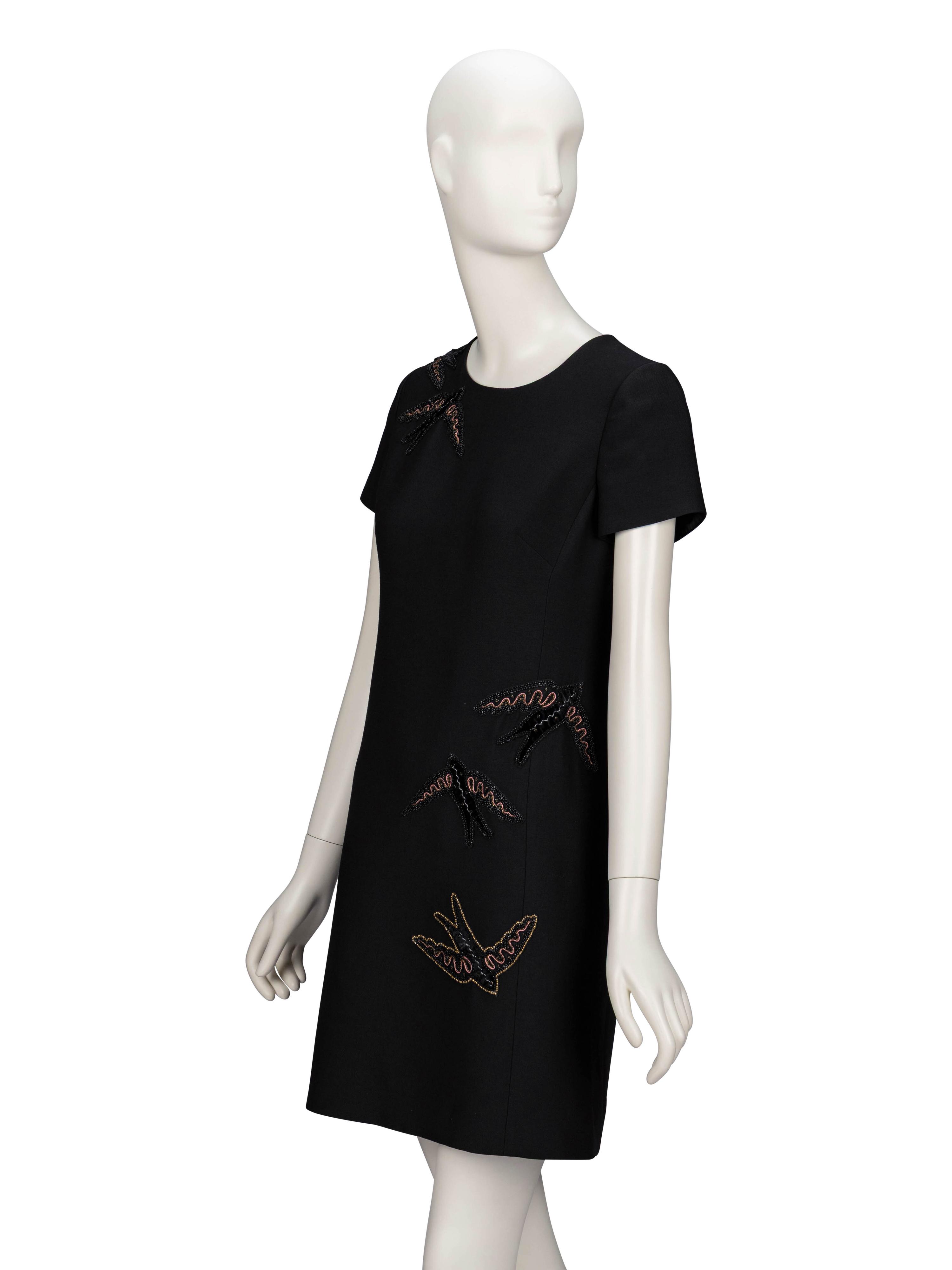 Valentino, Bird-Embroidered Black Sheath Dress