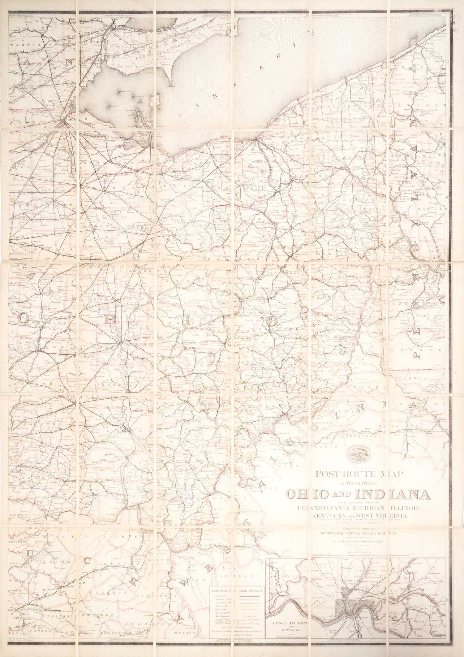 (MAP) Post Route Map of the States of Ohio and Indiana.. [Washington], 1870. Large folding map, linen-backed.