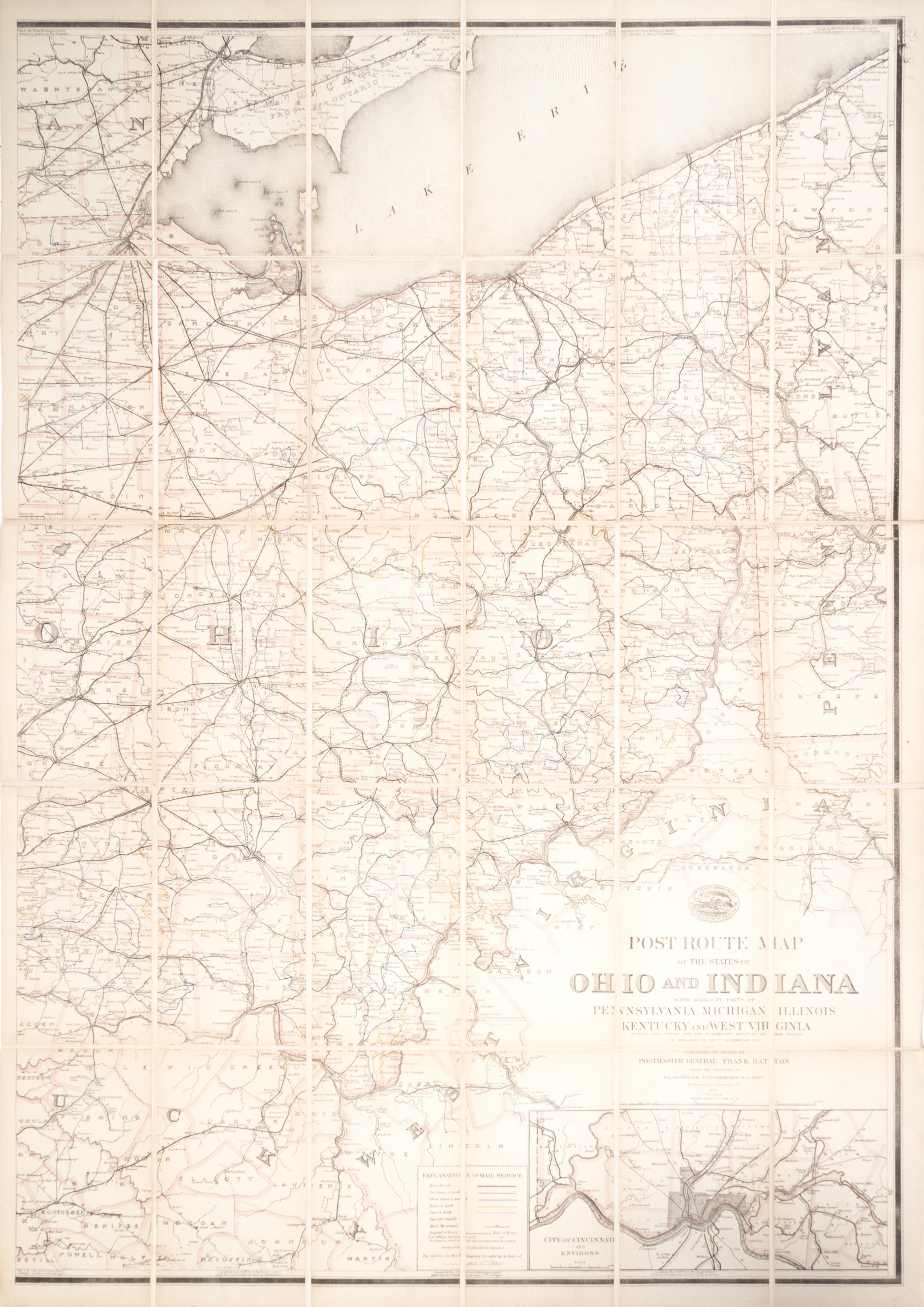 (MAP) Post Route Map of the States of Ohio and Indiana.. [Washington], 1870. Large folding map, linen-backed.