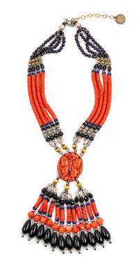 A Masha Archer Coral Bead Tassel Necklace, 28" - 32" L.
