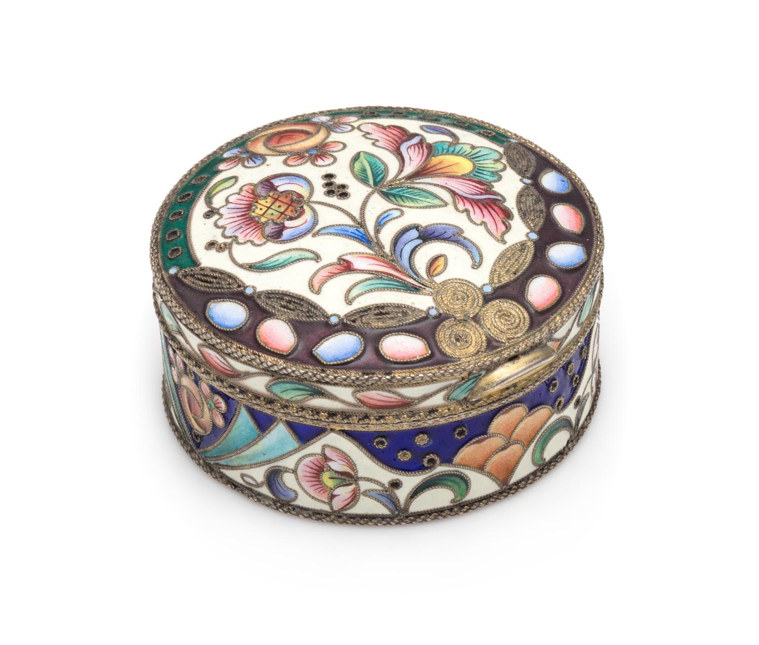 A Russian Enameled Silver Snuff Box, Mark of Maria Semenova, Moscow, Late 19th/Early 20th Century, with polychrome enameled floral and