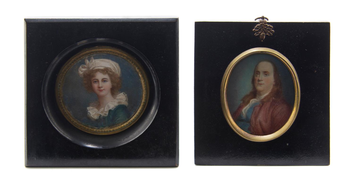 Two Portrait Miniatures on Ivory, Height of first 3 1/8 inches.