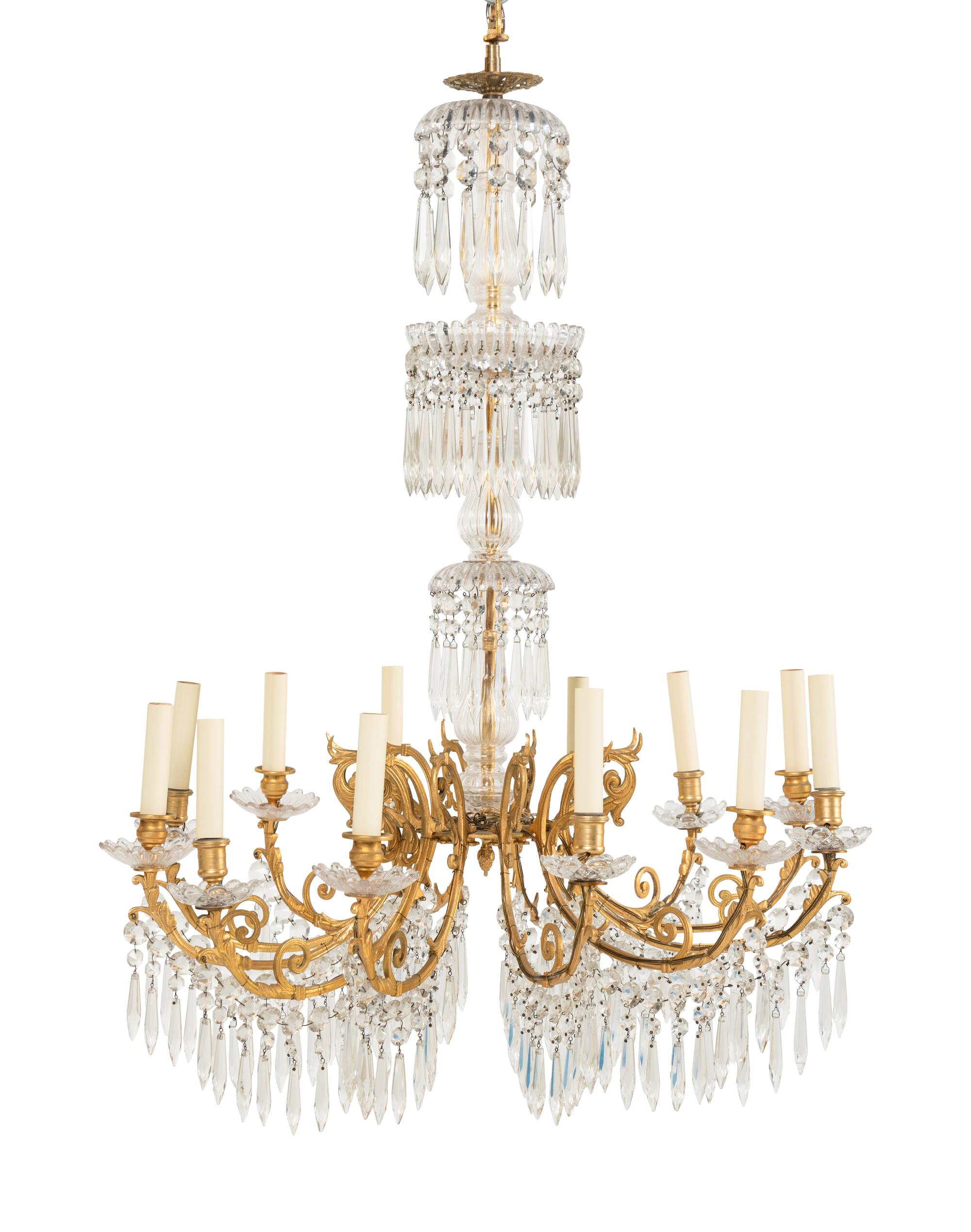 A Victorian Cut Glass and Gilt Bronze Twelve-Light Chandelier