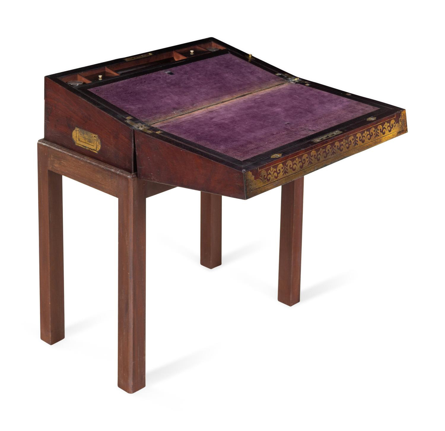 A Regency Brass Inlaid Mahogany Writing Box on a Later Stand