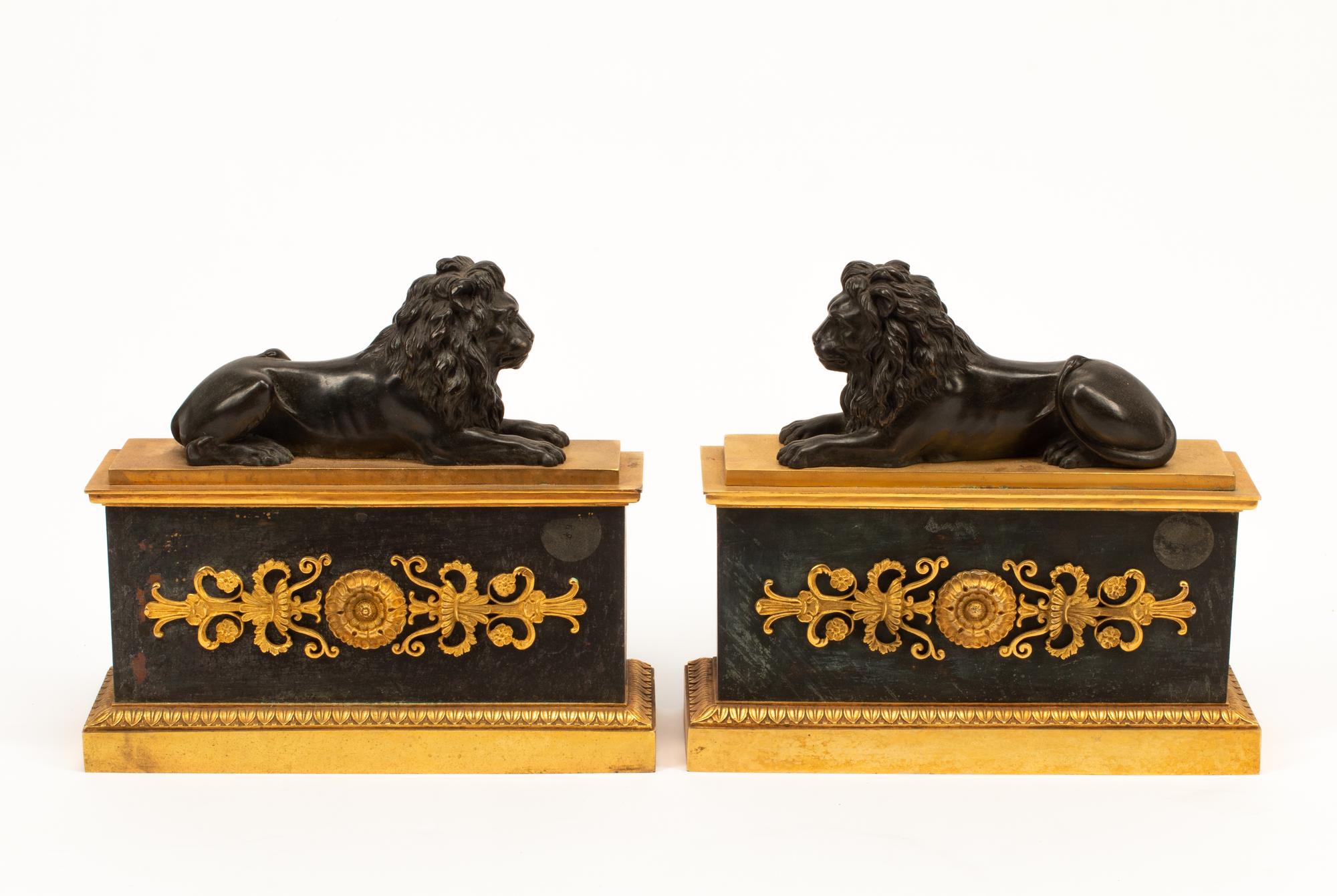 A Pair of French Bronze Lion Chenets