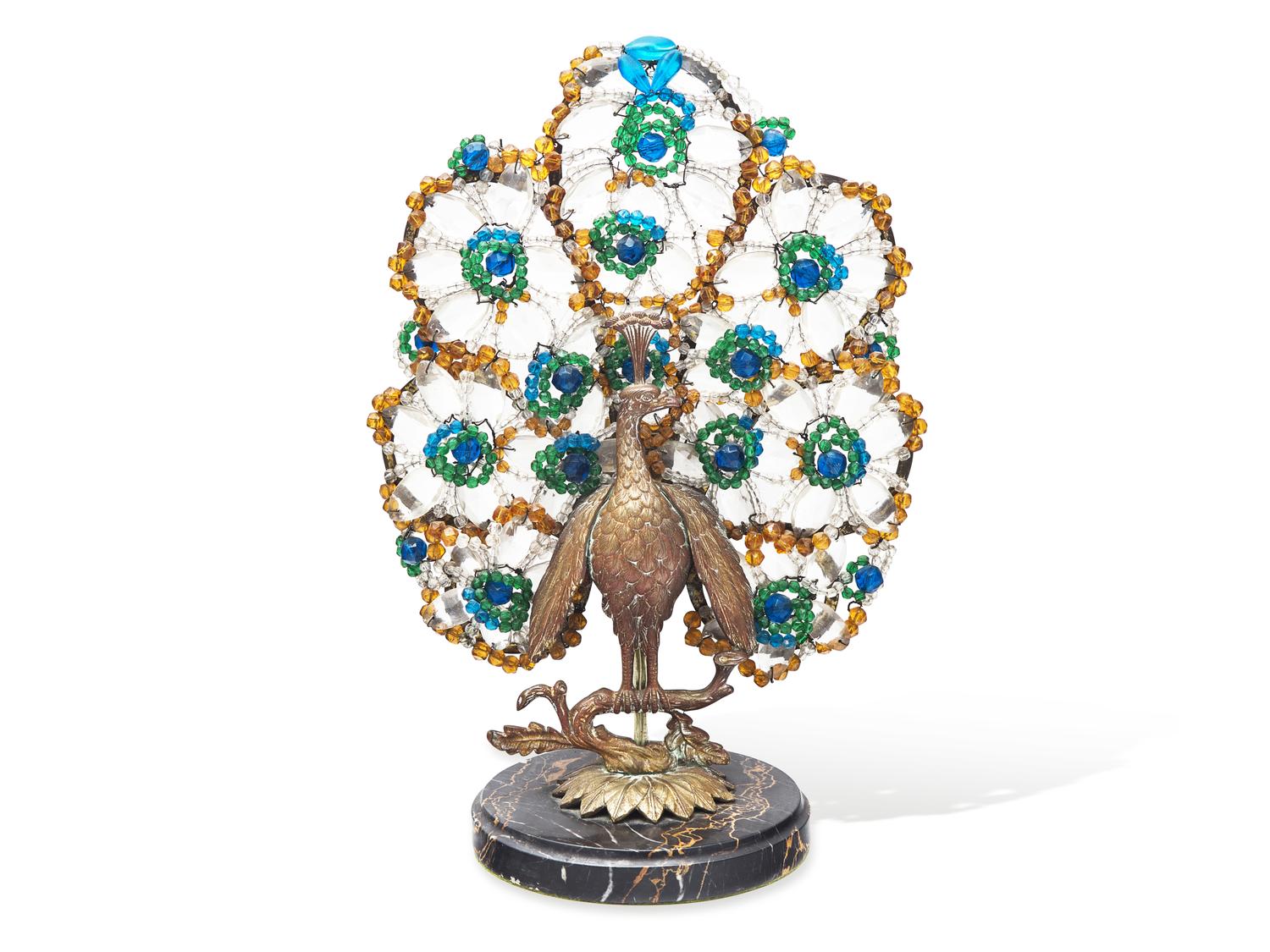 An Art Deco Bronze and Colored Glass Peacock Desk Lamp