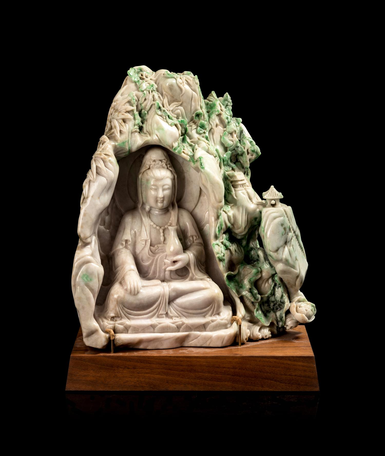 A Chinese Export Carved Jadeite Model of Buddha Within a Mountain