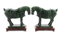 A Pair of Chinese Spinach Jade Models of Horses