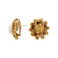 Cultured Pearl, Diamond, Ruby, and Yellow Gold Flower Earrings