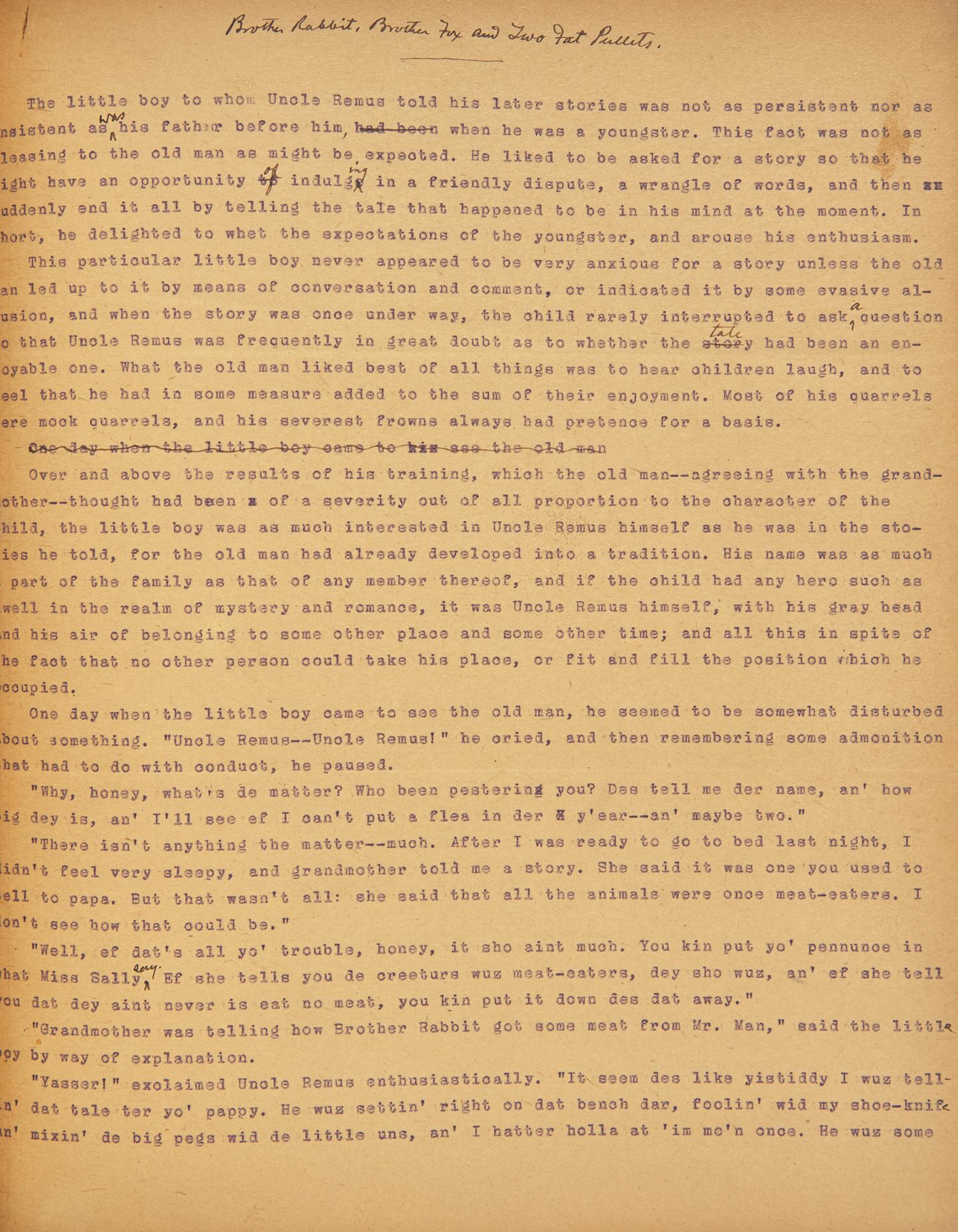 [Children's & Illustrated] Harris, Joel Chandler. Typed Manuscript of "Brother Rabbit, Brother Fox and Two Fat Pullets"