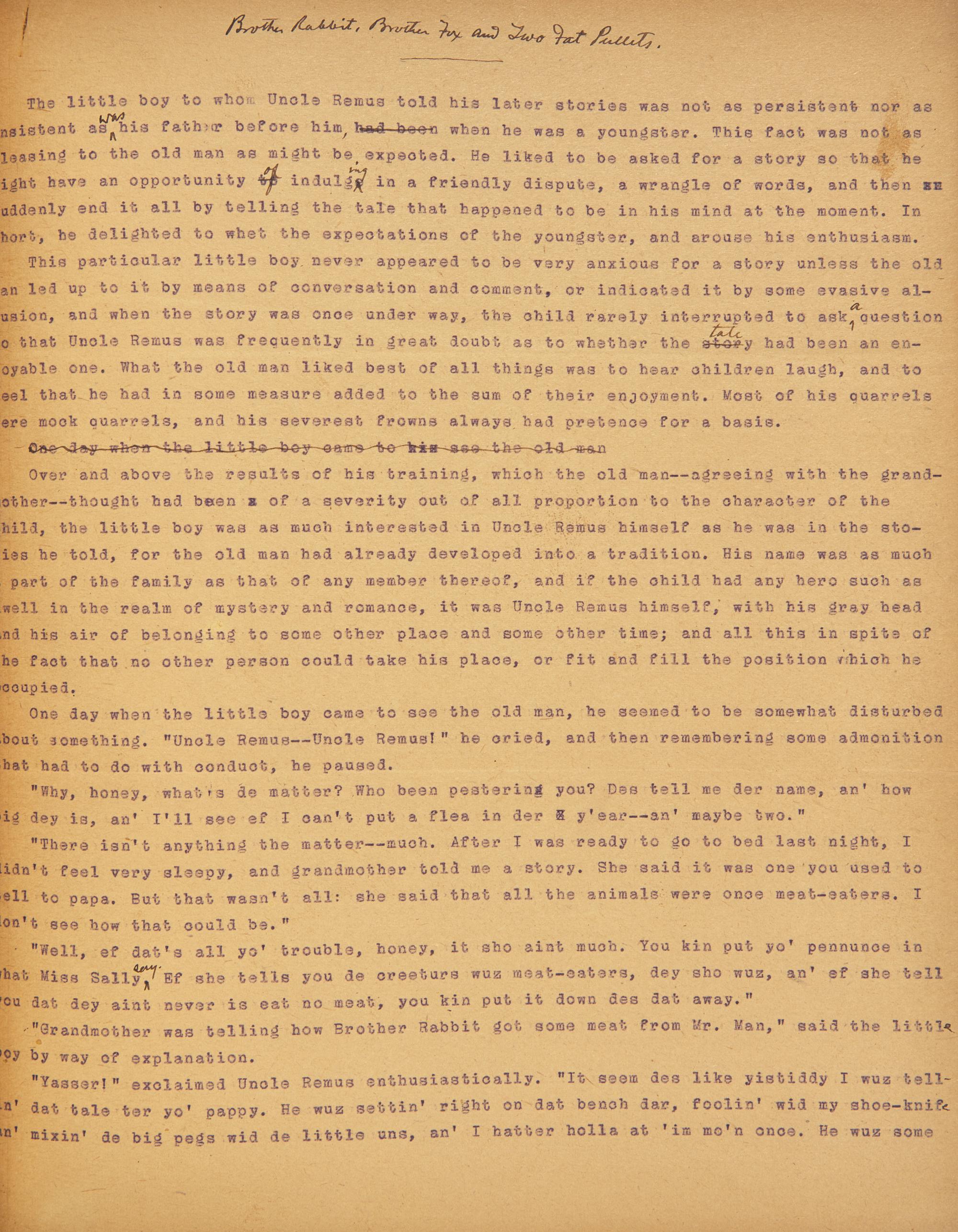 [Children's & Illustrated] Harris, Joel Chandler. Typed Manuscript of "Brother Rabbit, Brother Fox and Two Fat Pullets"