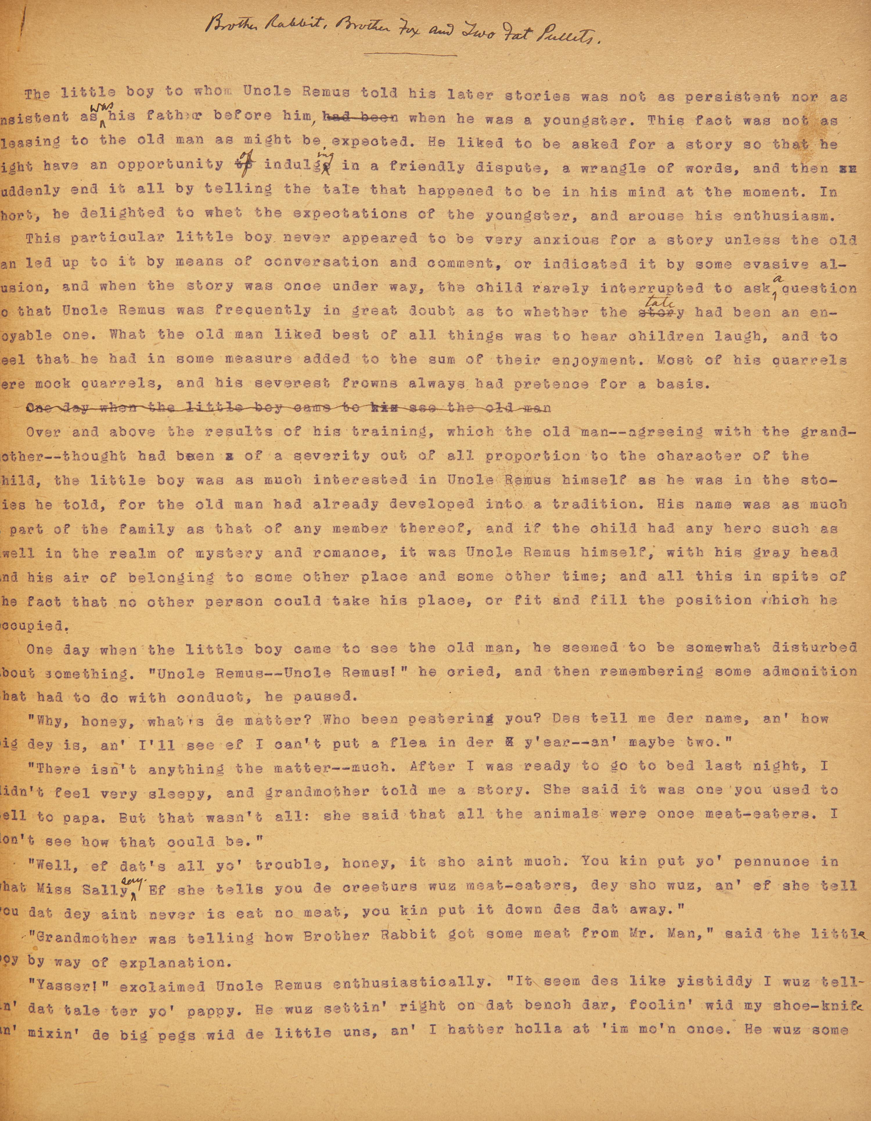 [Children's & Illustrated] Harris, Joel Chandler. Typed Manuscript of "Brother Rabbit, Brother Fox and Two Fat Pullets"