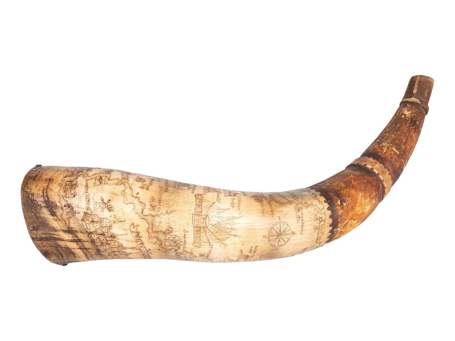 Contemporary French & Indian War Carved Map Powder Horn Named to John Hosmer at Crown Point in 1759.