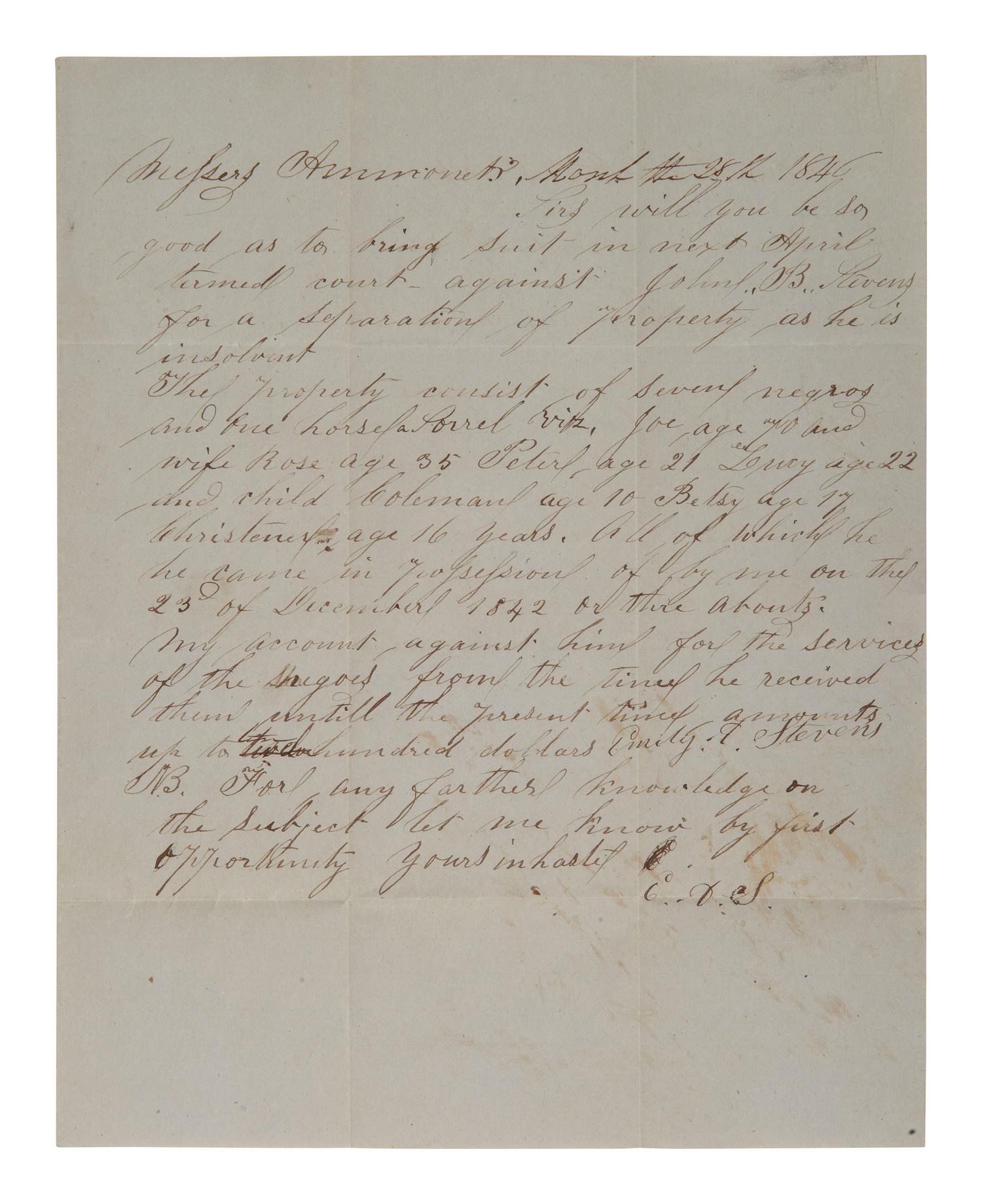 [ENSLAVEMENT]. 1846 letter from LA wife asking for separation of property incl. 7 enslaved people.