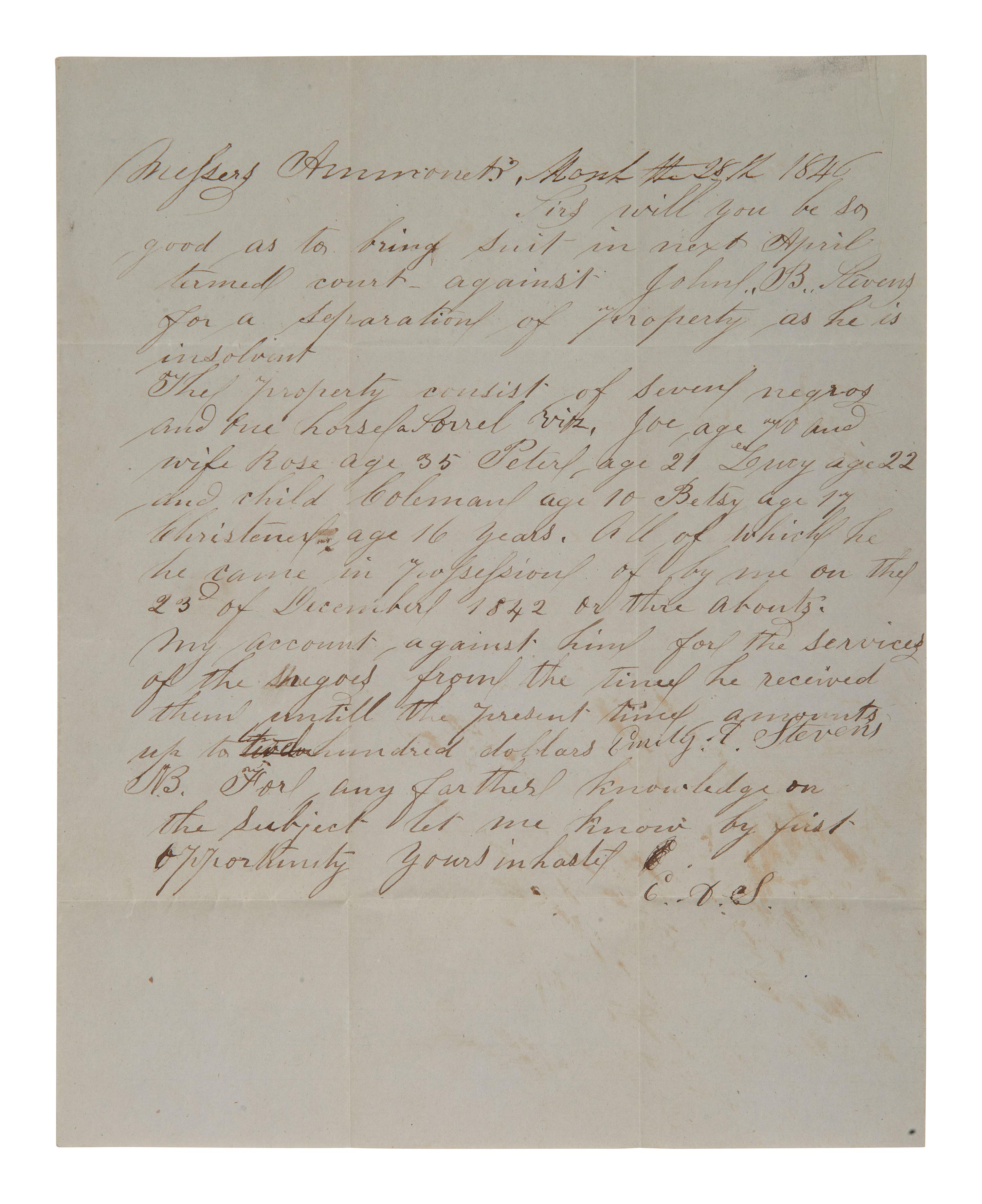 [ENSLAVEMENT]. 1846 letter from LA wife asking for separation of property incl. 7 enslaved people.
