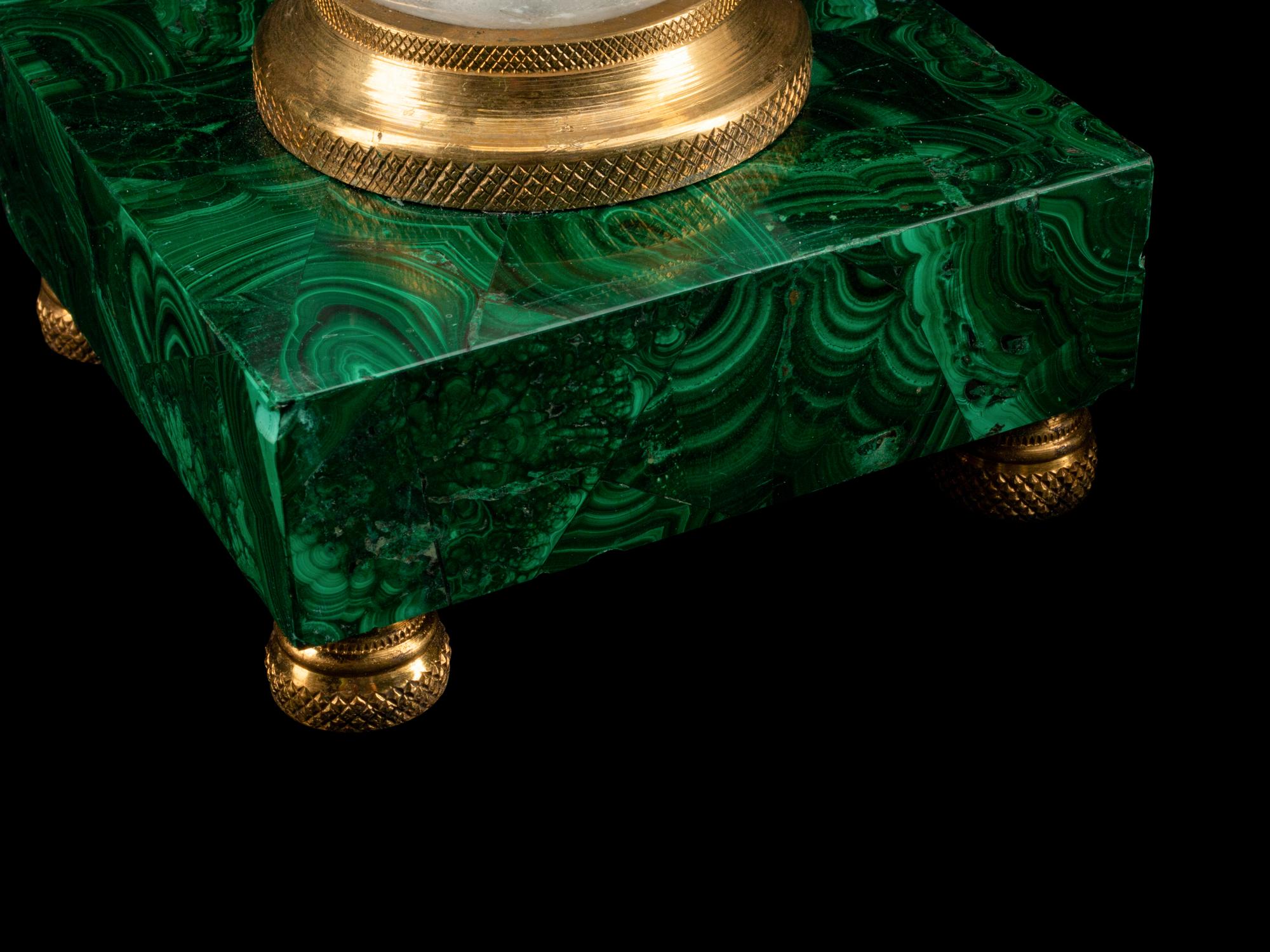 A Pair of Art Moderne Style Rock Crystal Lamps on Malachite Bases