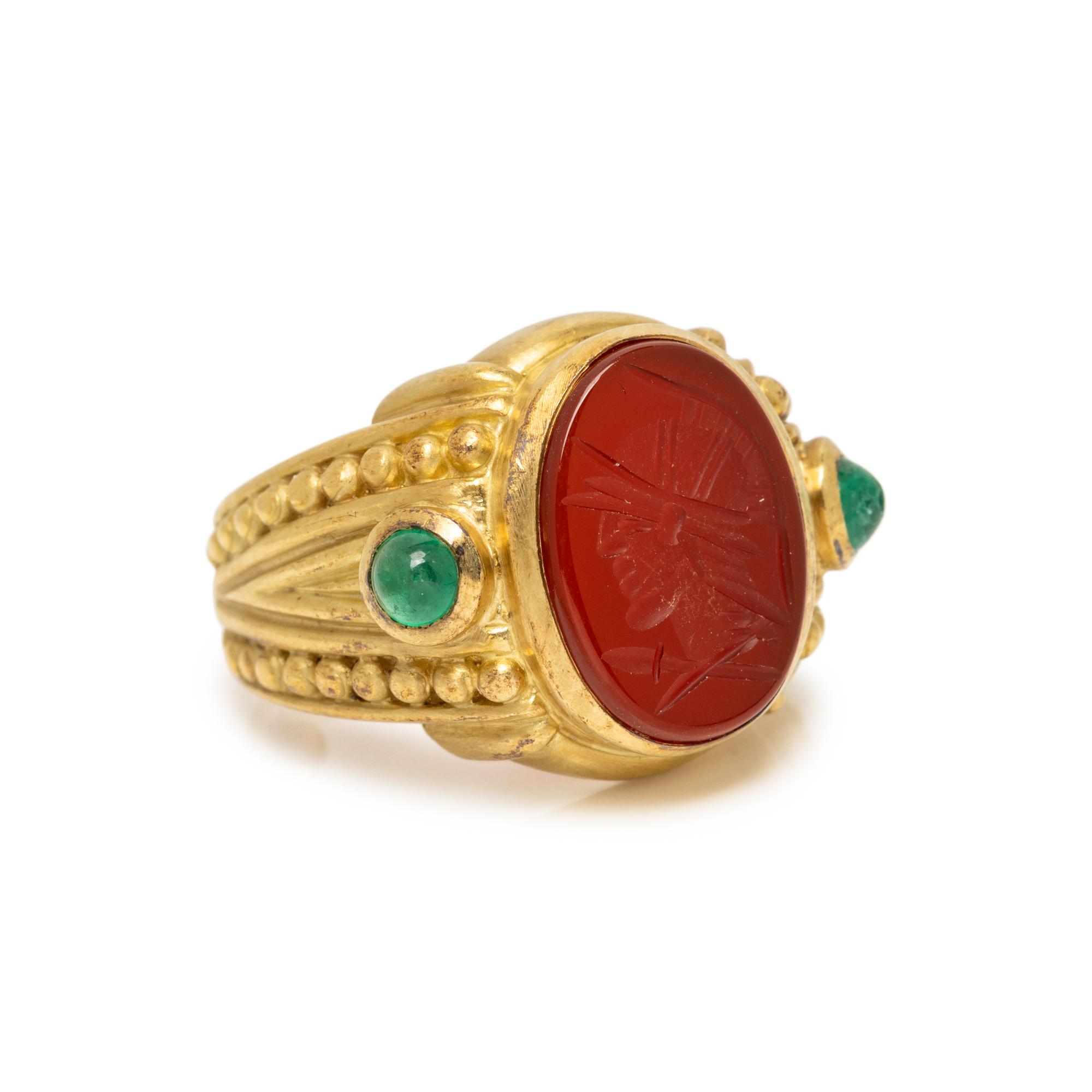 JUDITH RIPKA, YELLOW GOLD, CARNELIAN AND EMERALD INTAGLIO RING