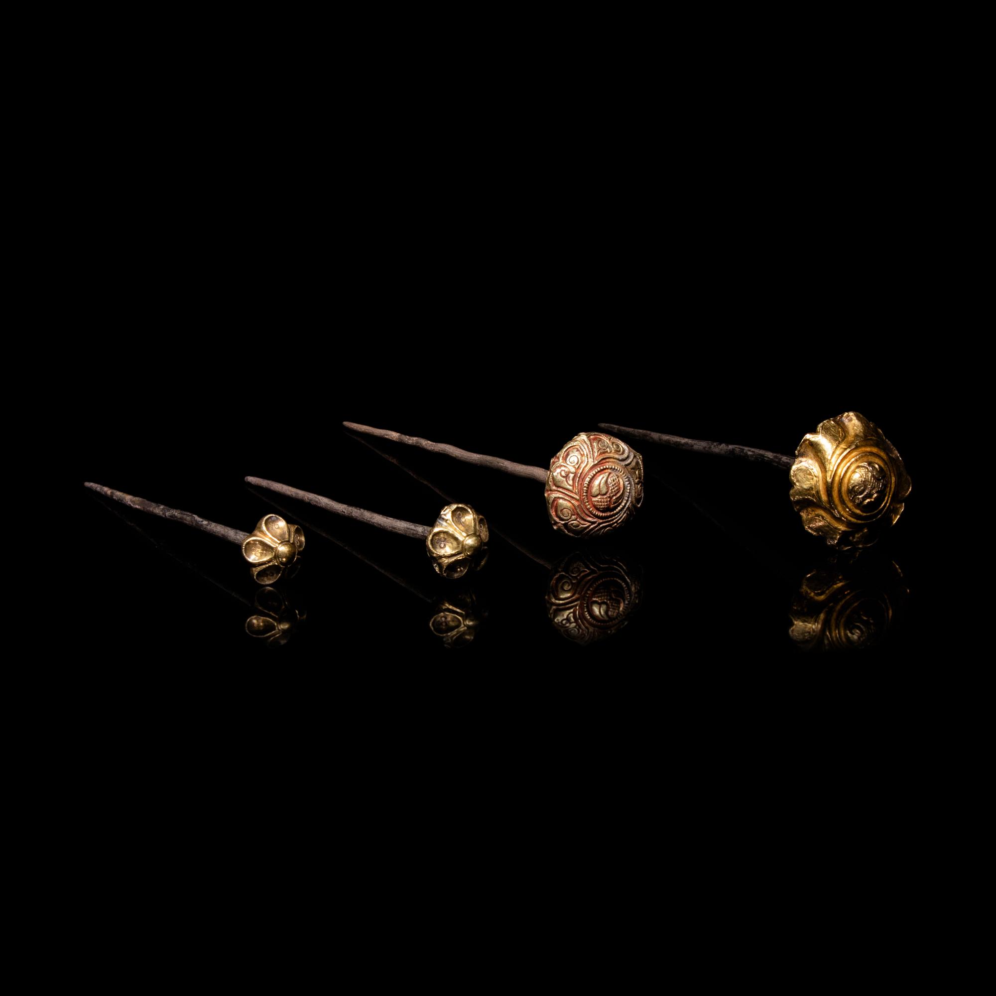 Four Chinese Silver Gilt 'Floral' Hairpins, Zan, Ming Dynasty 明 花卉紋金裹頭銀錐腳簪四支