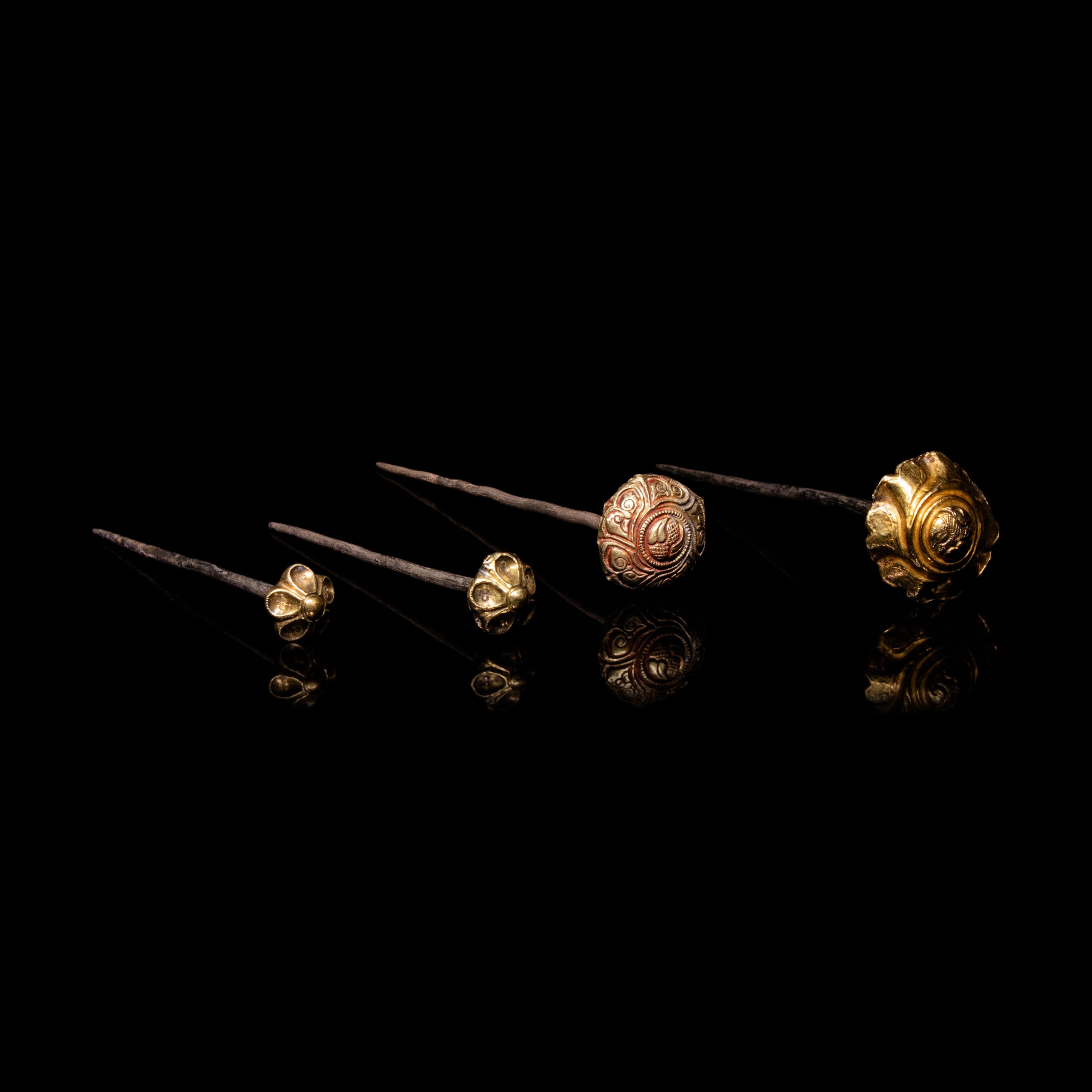 Four Chinese Silver Gilt 'Floral' Hairpins, Zan, Ming Dynasty 明 花卉紋金裹頭銀錐腳簪四支