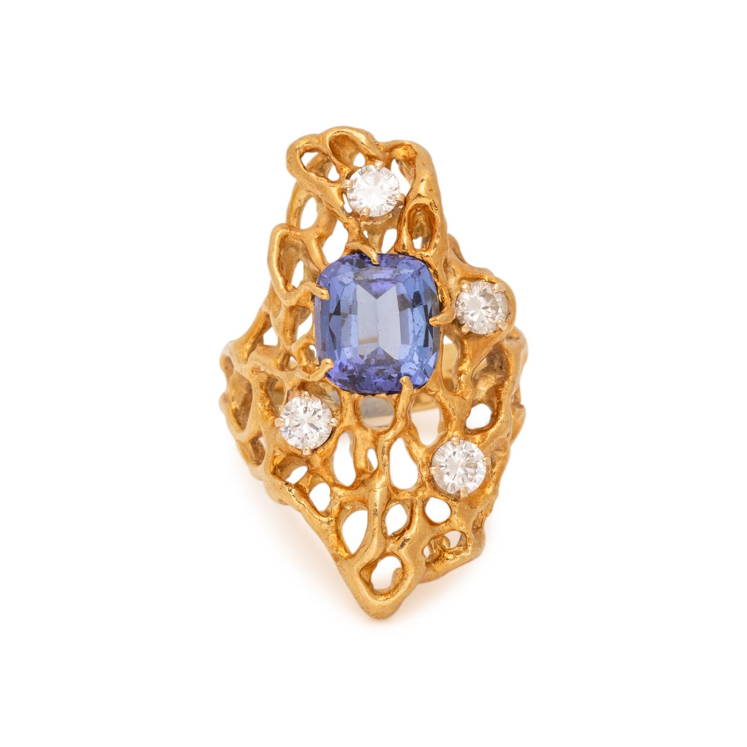 MODERNIST YELLOW GOLD, TANZANITE, AND DIAMOND RING