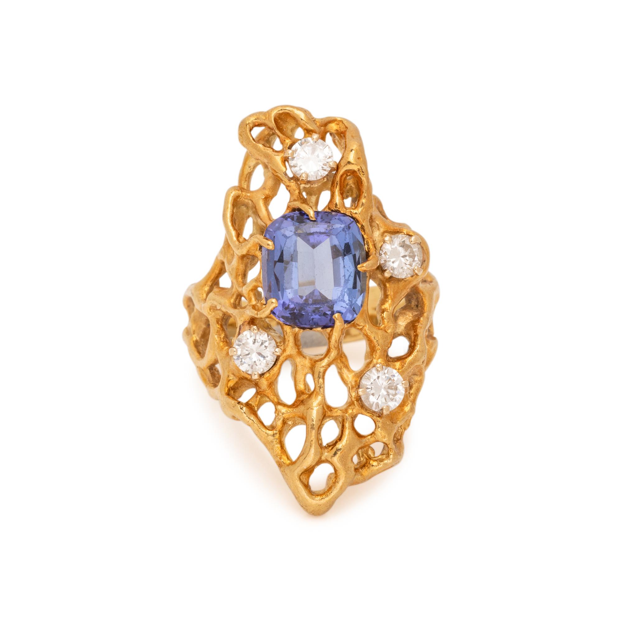 MODERNIST YELLOW GOLD, TANZANITE, AND DIAMOND RING