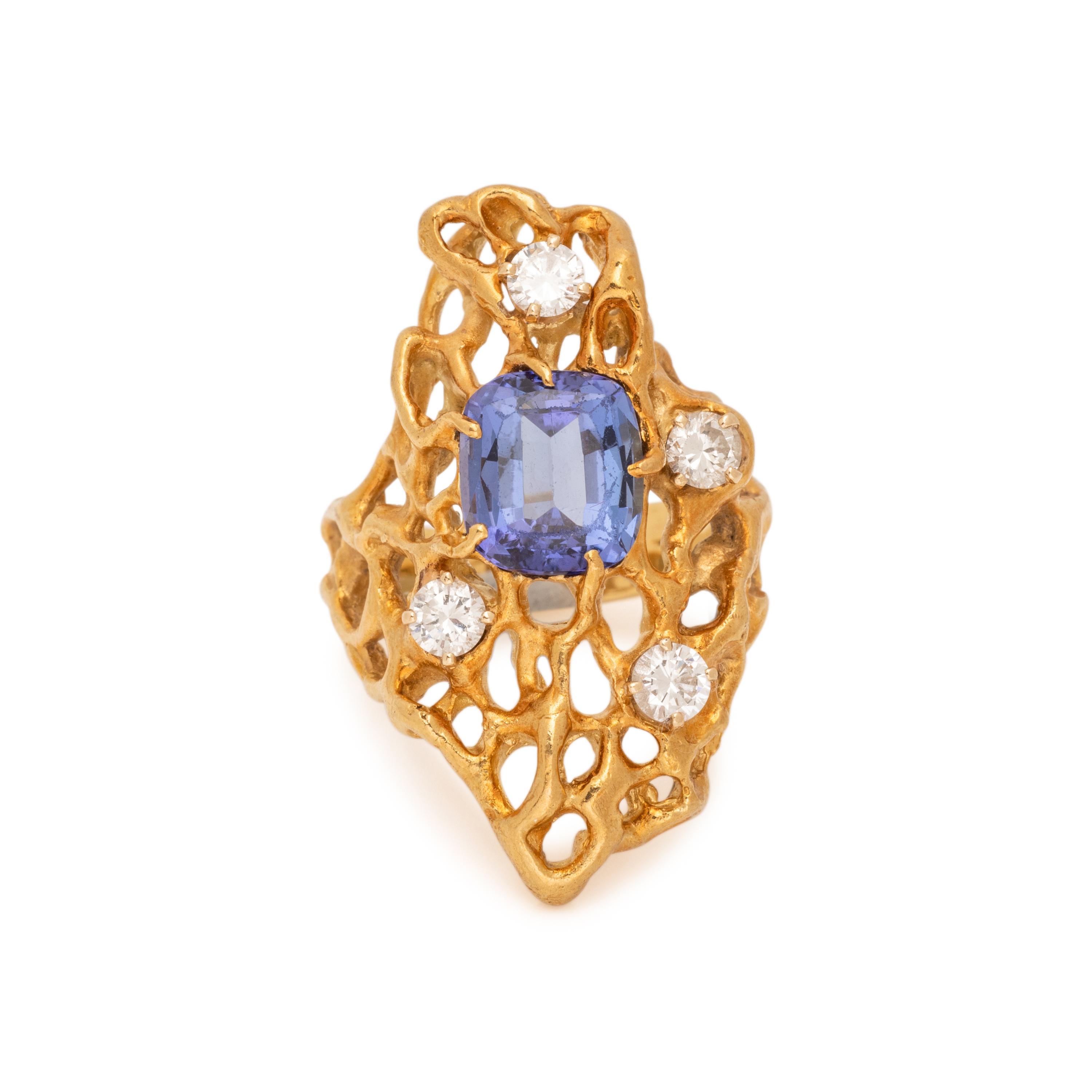 MODERNIST YELLOW GOLD, TANZANITE, AND DIAMOND RING