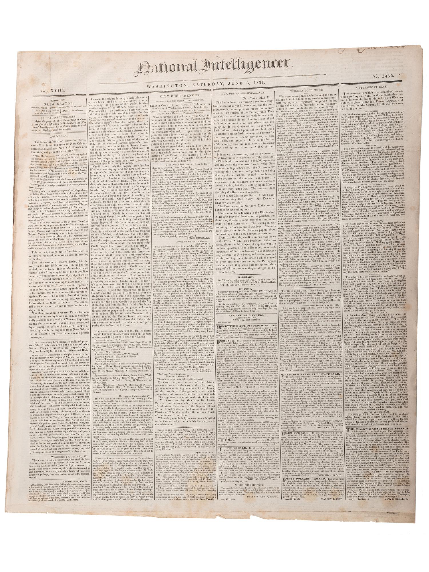 [SLAVERY & ABOLITION]. Advertisements for the return of freedom seekers published in 8 issues of The National Intelligencer . Washington, DC: May-August 1837.