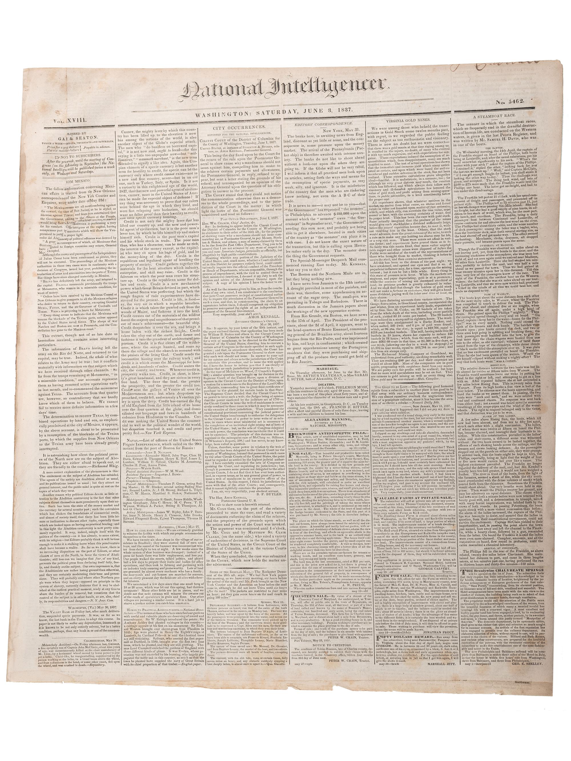 [SLAVERY & ABOLITION]. Advertisements for the return of freedom seekers published in 8 issues of The National Intelligencer . Washington, DC: May-August 1837.
