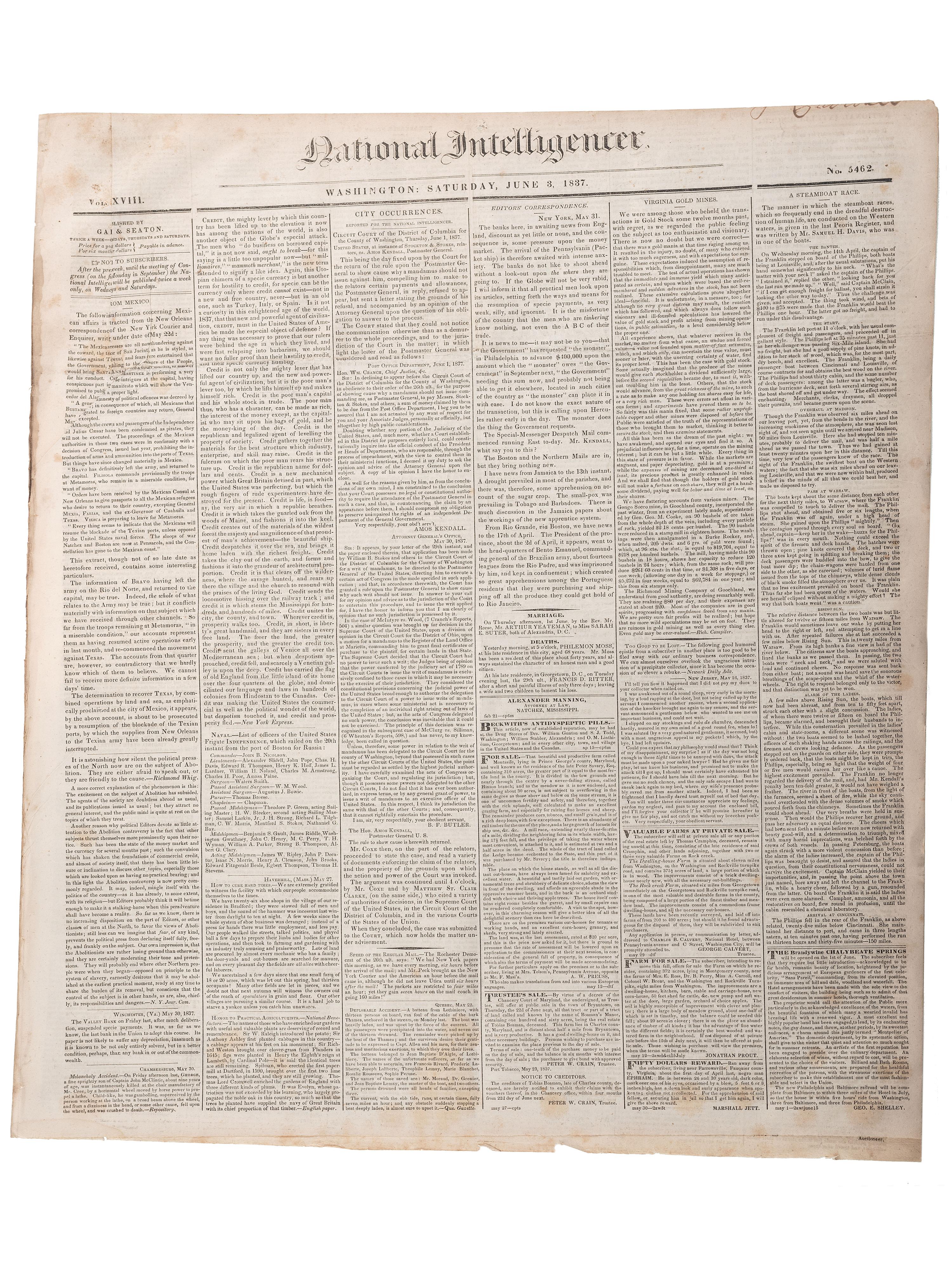 [SLAVERY & ABOLITION]. Advertisements for the return of freedom seekers published in 8 issues of The National Intelligencer . Washington, DC: May-August 1837.
