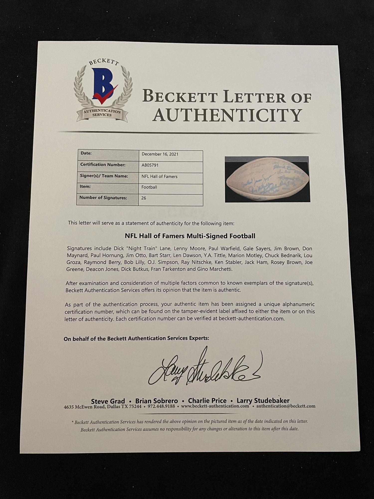 A Hall of Fame Multi Signed Autograph / 26 Signatures Football Including Orenthal James Simpson Full Name Signature (Beckett Authentication Services Letter),