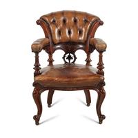 An English Walnut and Leather-Upholstered Armchair