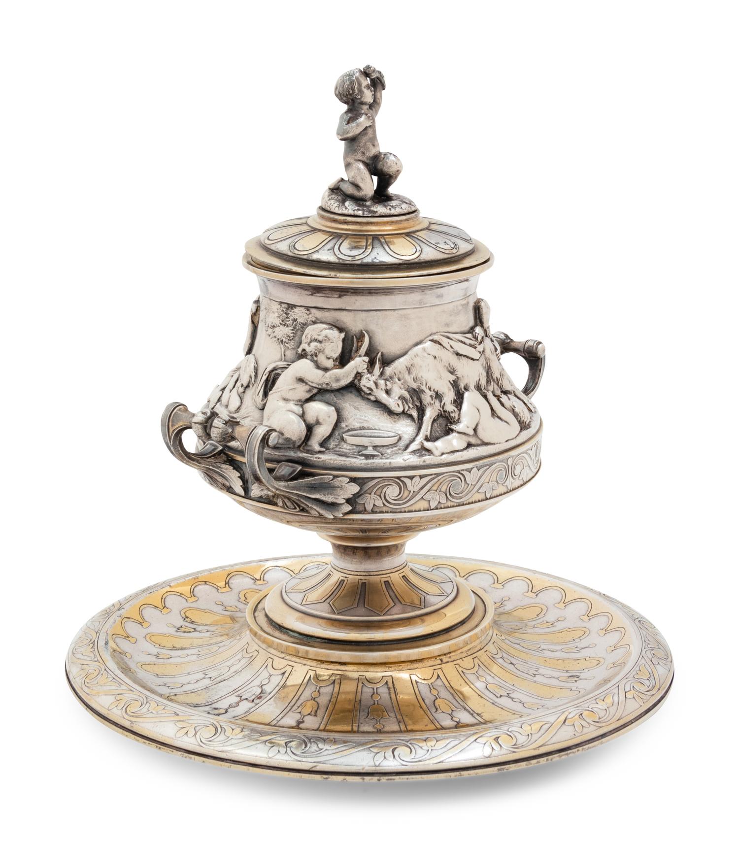 A Christofle Silver-Plate and Parcel Gilt Covered Jar and Underplate