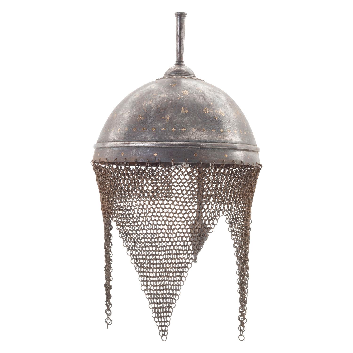 Decorated Spiked Indo Persian Kulah Khud Helmet with Chainmail Aventail and Nose Guard