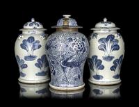 A Pair of Chinese Blue and White Porcelain Covered Jars