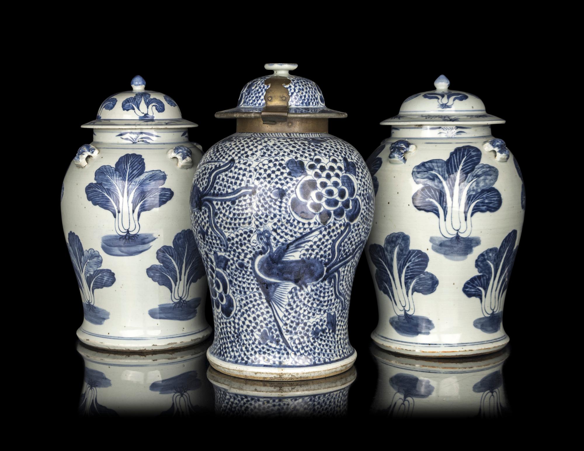 A Pair of Chinese Blue and White Porcelain Covered Jars