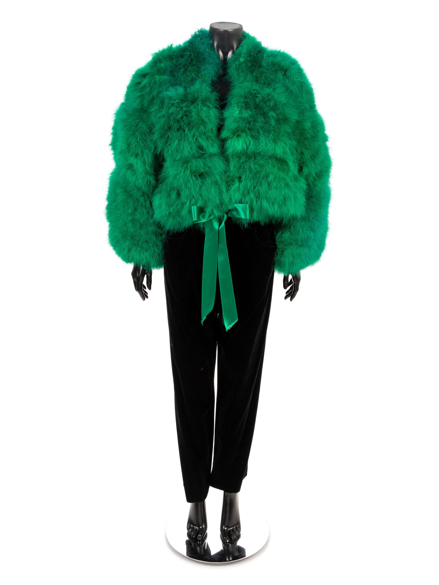 Yves Saint Laurent Velvet Pants with Green Feather Jacket, 1980-90s